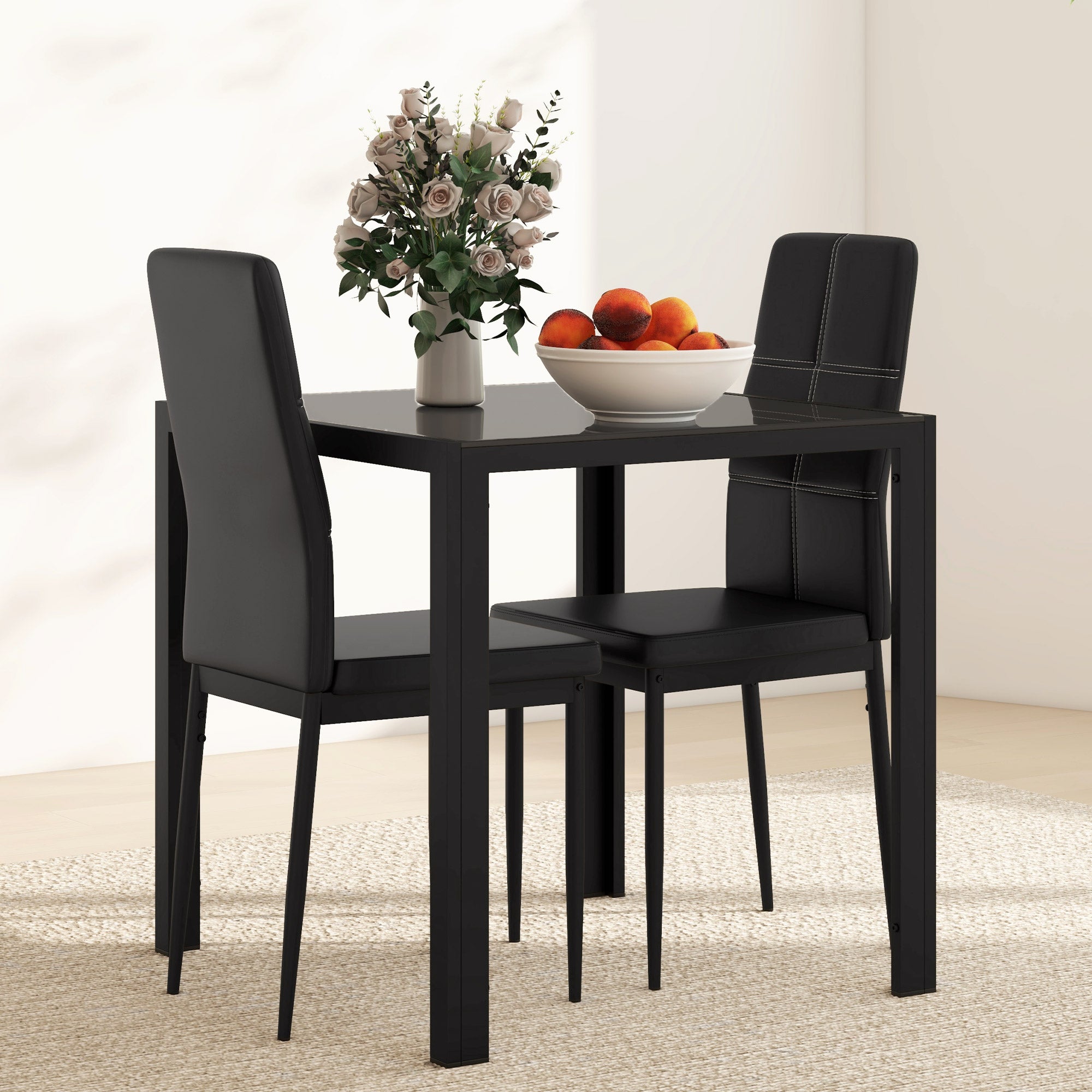 HOMCOM Dining Table Set for 2, 3-Piece Rectangular Glass Kitchen Table and Chairs with Metal Frame and Faux Leather Upholstery for Dining Room, Living Room, Black