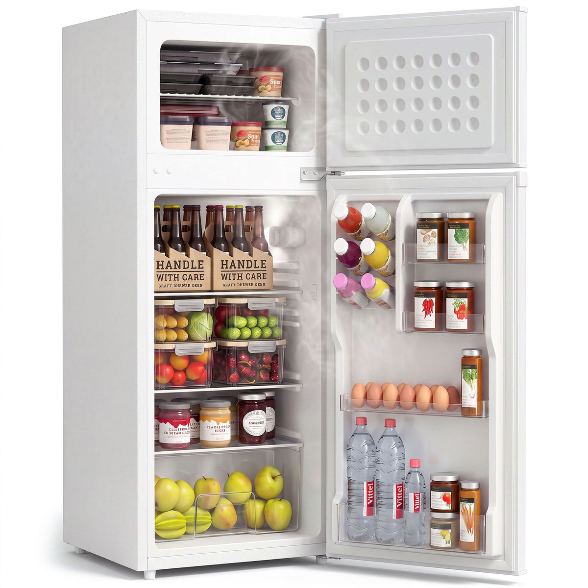7.7 Cu. Ft. Mini Fridge with Freezer, Double Door Compact Refrigerator with Adjustable Thermostat, Reversible Door, Removable Glass Shelves, Small Refrigerator for Bedroom, Office, Dorm