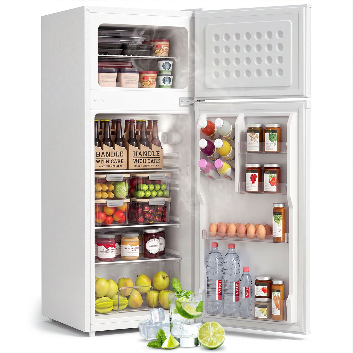 7.7 Cu. Ft. Mini Fridge with Freezer, Double Door Compact Refrigerator with Adjustable Thermostat, Reversible Door, Removable Glass Shelves, Small Refrigerator for Bedroom, Office, Dorm