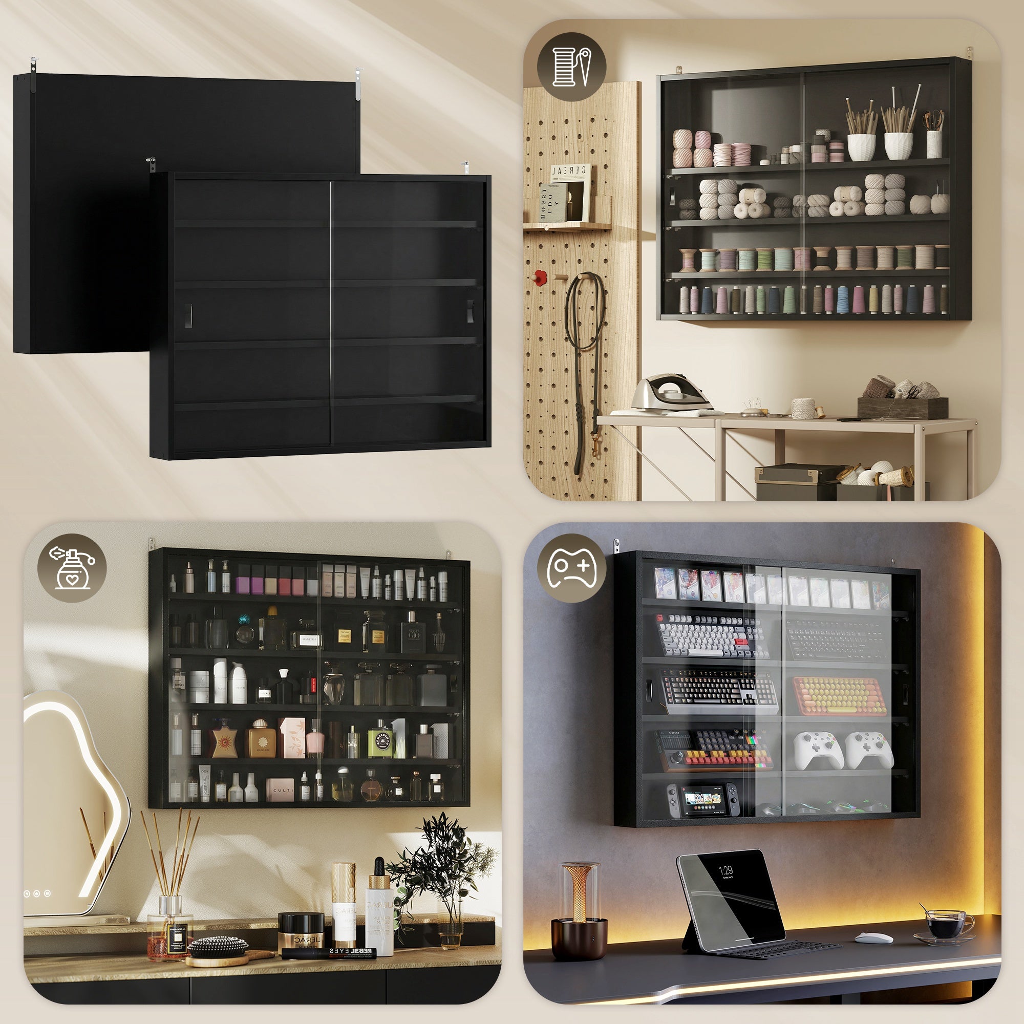 5-Tier Display Cabinet, Glass Door Cabinet with Adjustable Shelves, Wall-Mounted Display Case for Playroom, Bedroom, Jet Black