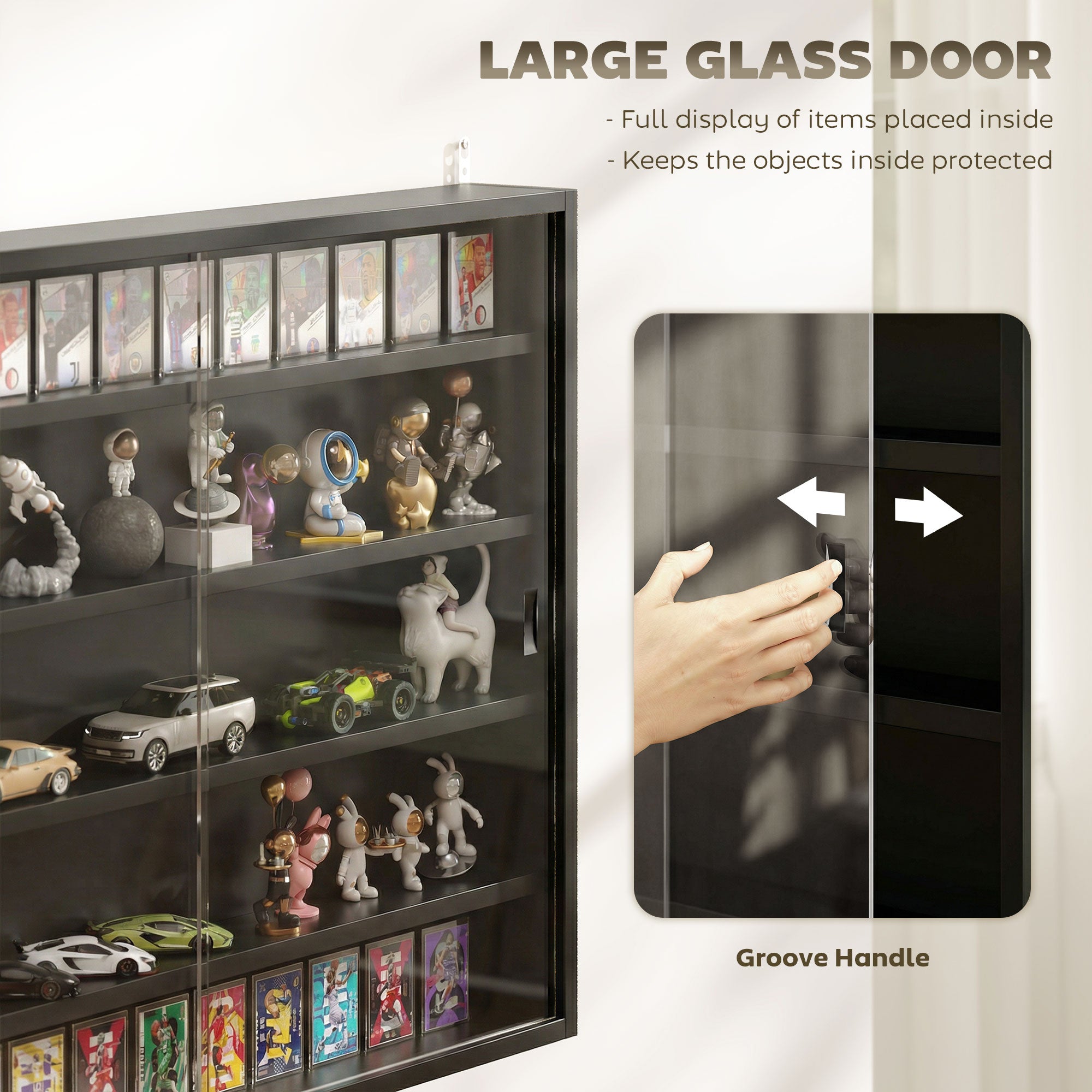 5-Tier Display Cabinet, Glass Door Cabinet with Adjustable Shelves, Wall-Mounted Display Case for Playroom, Bedroom, Jet Black