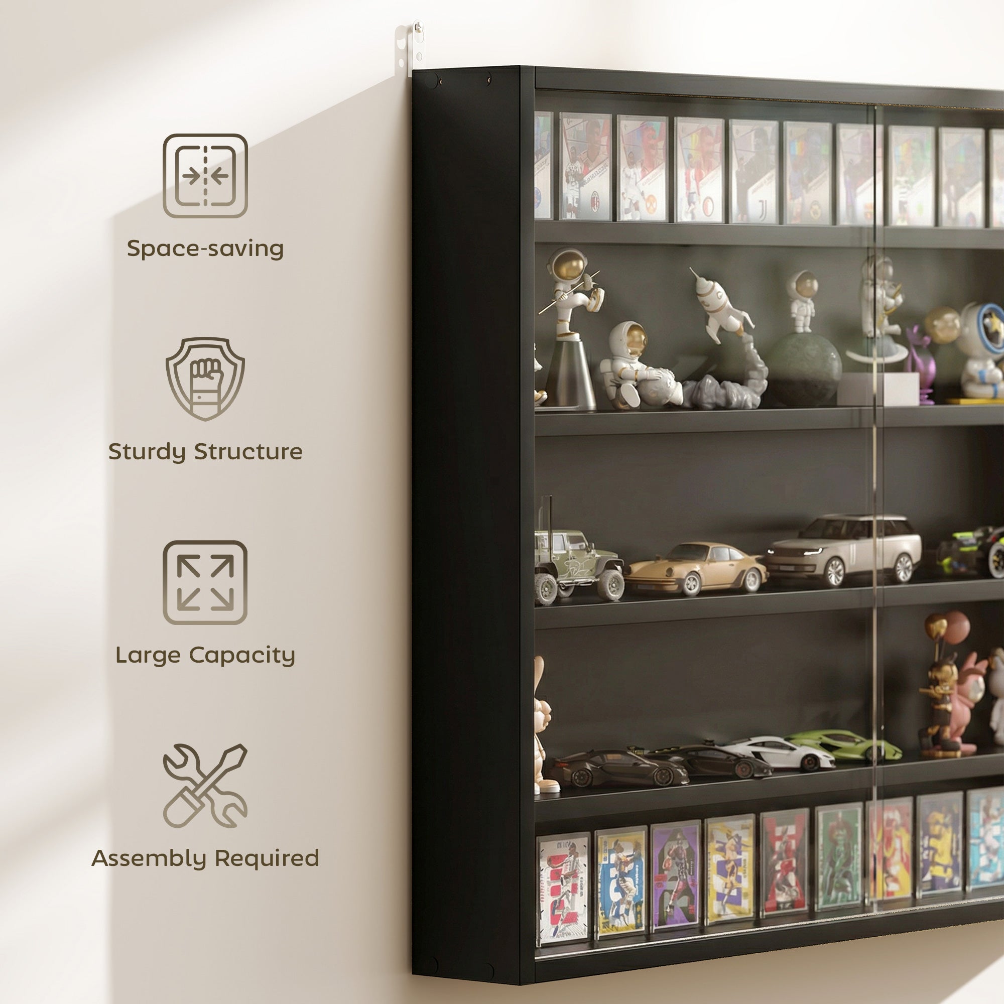 5-Tier Display Cabinet, Glass Door Cabinet with Adjustable Shelves, Wall-Mounted Display Case for Playroom, Bedroom, Jet Black