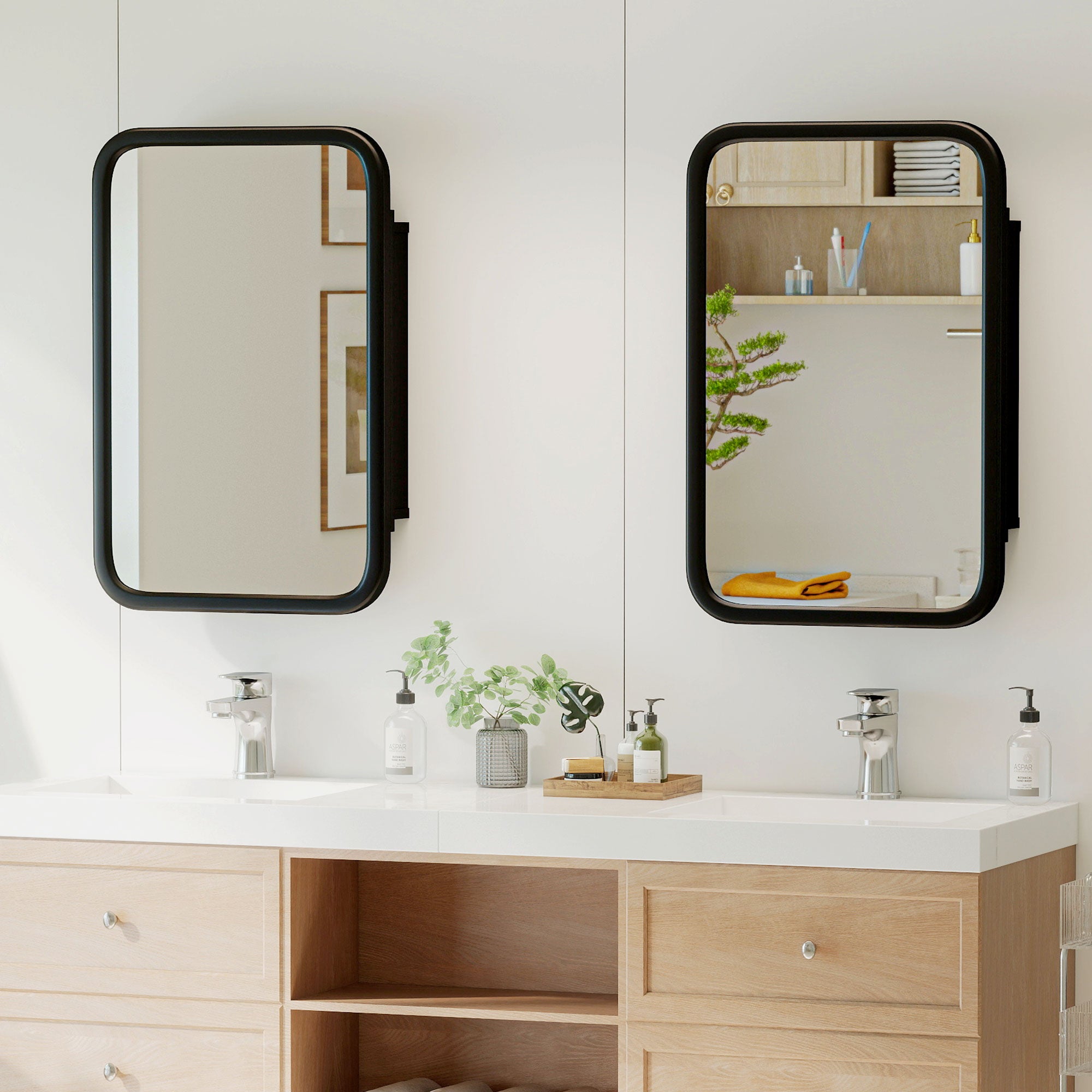 Bathroom Medicine Cabinet with Tempered Mirror, Metal Bathroom Mirror Cabinet Wall Mounted with 3 Shelves and 180° Swing Door for Hallway or Bathroom, Black