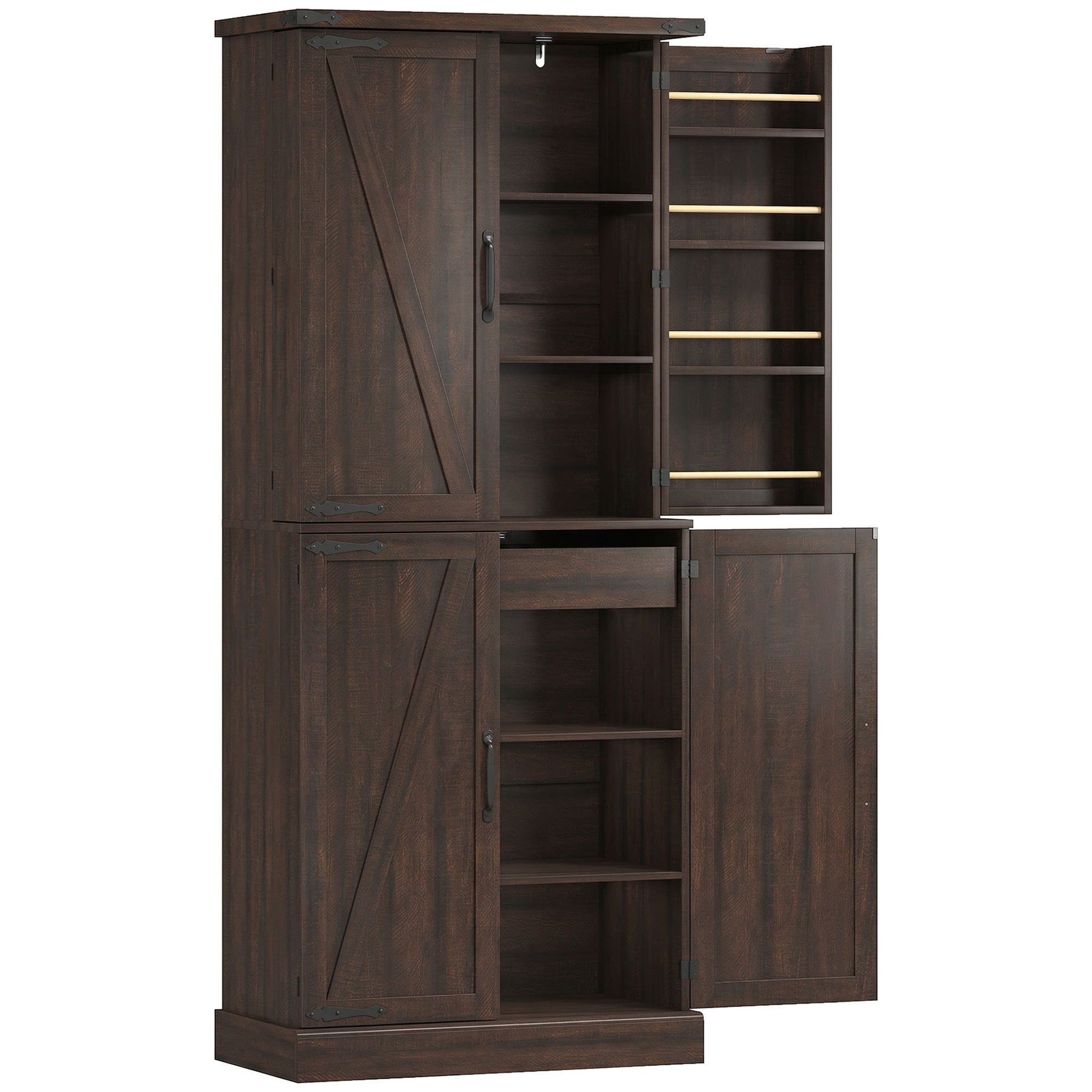 72" Tall Kitchen Pantry Cabinet, Farmhouse Storage Cabinet with 8 Door Racks and Drawer, Freestanding Food Pantry with Adjustable Shelves and Barn Doors, Distressed Brown