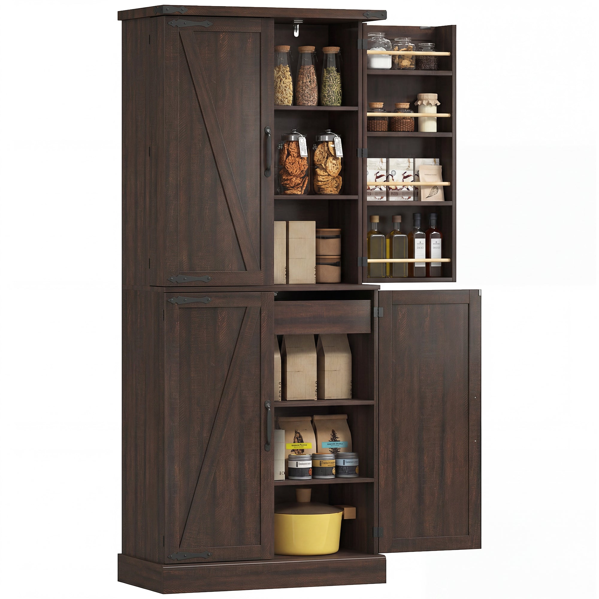 72" Tall Kitchen Pantry Cabinet, Farmhouse Storage Cabinet with 8 Door Racks and Drawer, Freestanding Food Pantry with Adjustable Shelves and Barn Doors, Distressed Brown