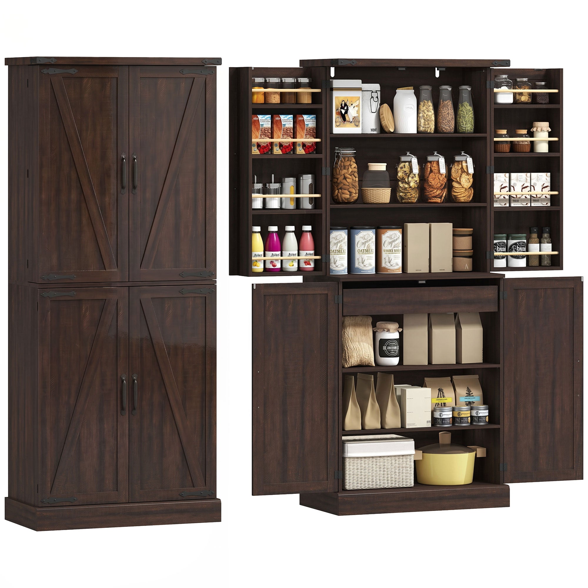 72" Tall Kitchen Pantry Cabinet, Farmhouse Storage Cabinet with 8 Door Racks and Drawer, Freestanding Food Pantry with Adjustable Shelves and Barn Doors, Distressed Brown