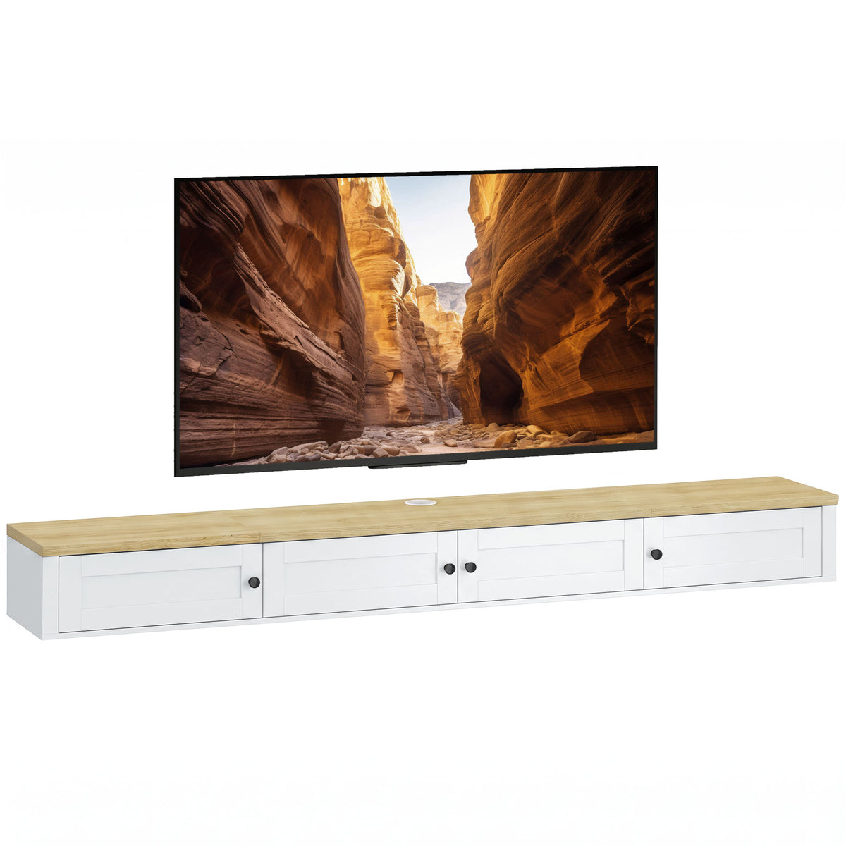 Floating TV Stand for TVs up to 82 Inch, Modern Wall Mounted Media Console with Power Outlets, Entertainment Center with Storage Shelves for Living Room, Bedroom, White