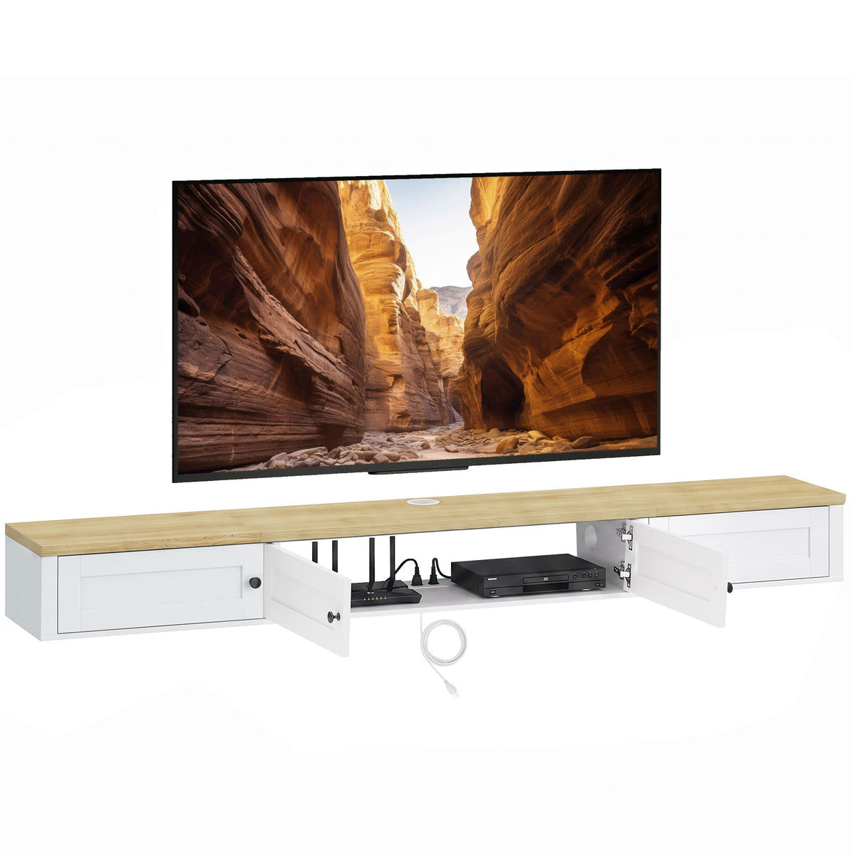 Floating TV Stand for TVs up to 82 Inch, Modern Wall Mounted Media Console with Power Outlets, Entertainment Center with Storage Shelves for Living Room, Bedroom, White