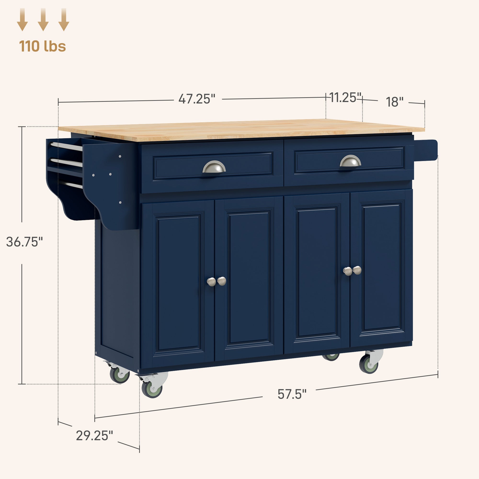 Rolling Kitchen Island Drop Leaf Kitchen Cart on Wheels Solid Wood Top with Storage Drawers Dark Blue