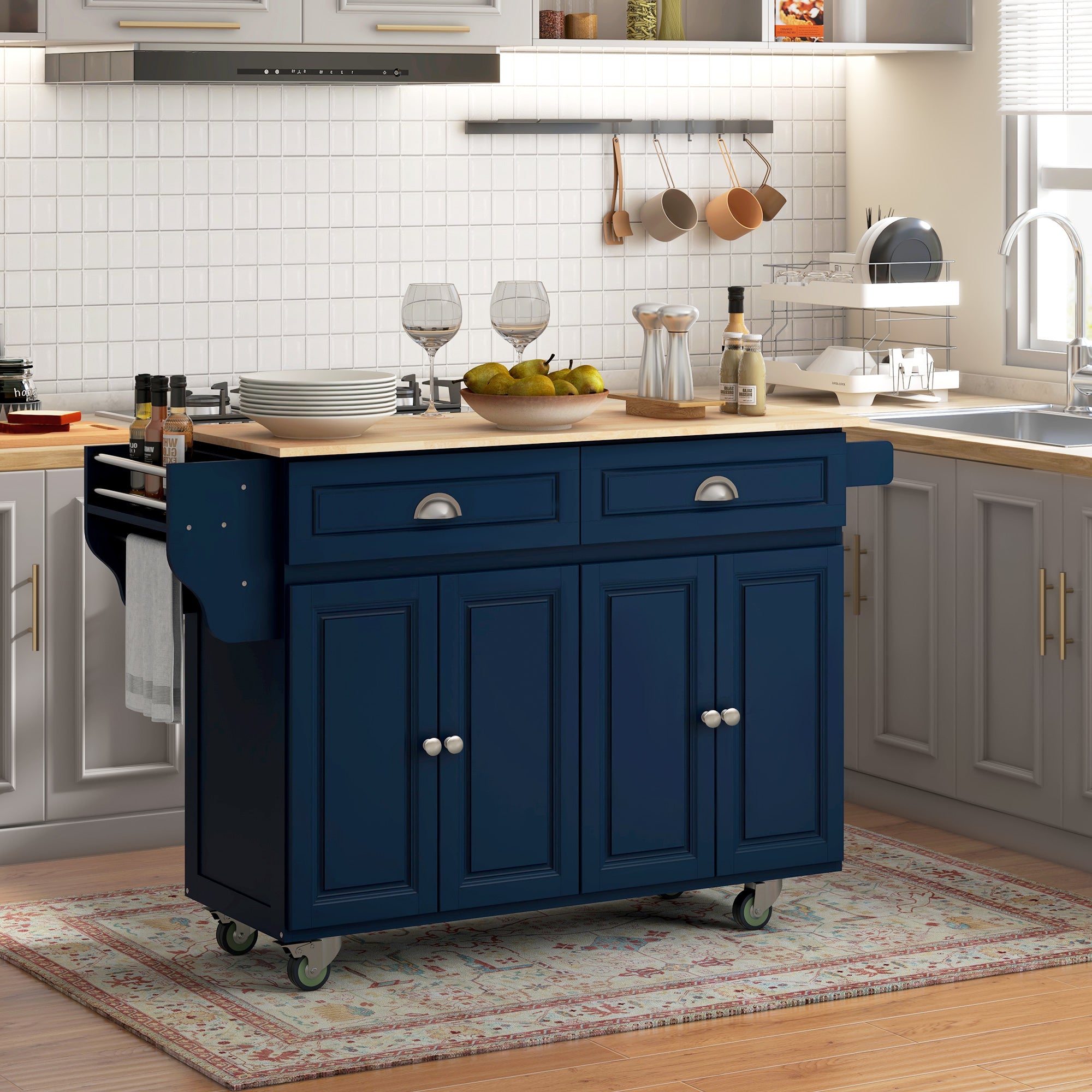 Rolling Kitchen Island Drop Leaf Kitchen Cart on Wheels Solid Wood Top with Storage Drawers Dark Blue