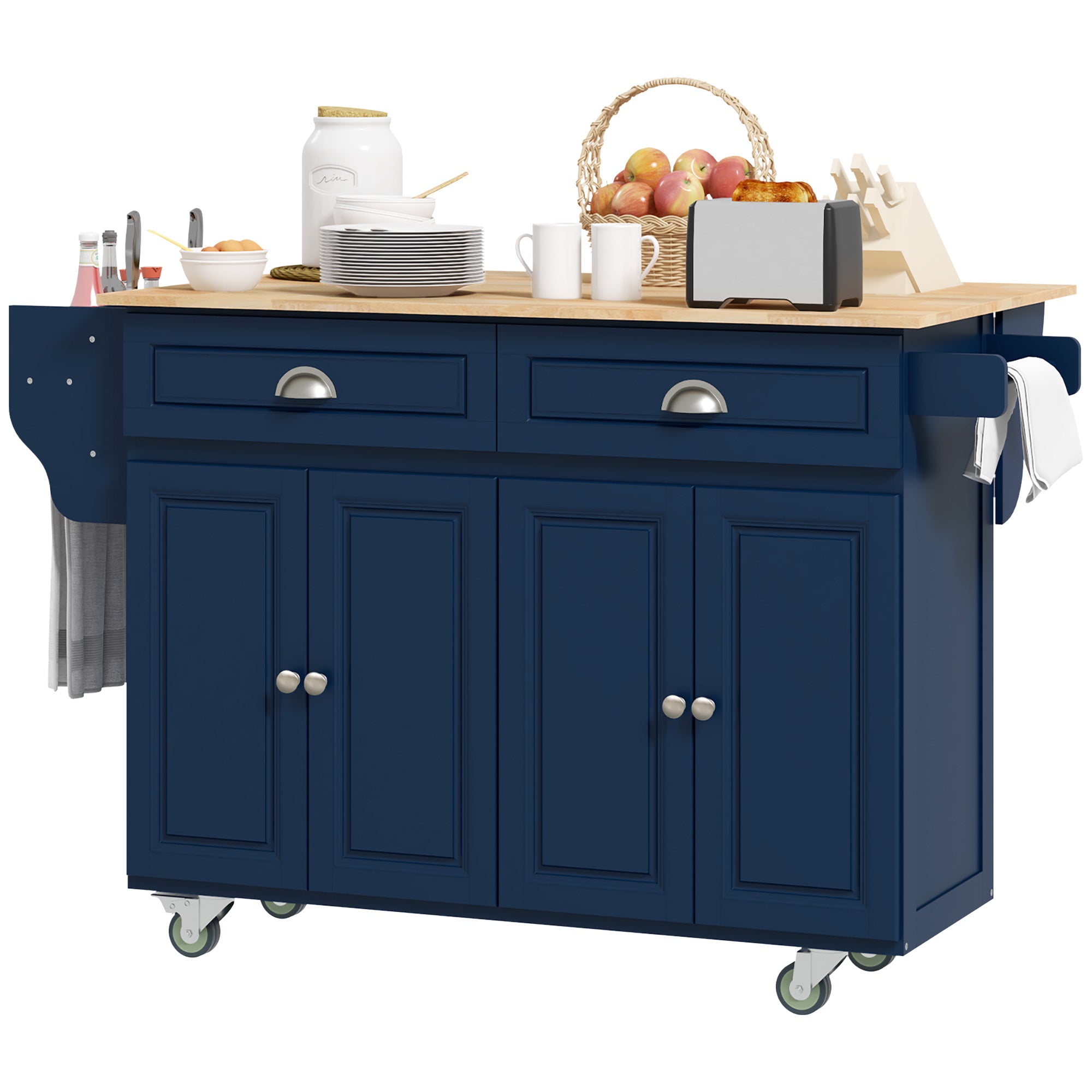 Rolling Kitchen Island Drop Leaf Kitchen Cart on Wheels Solid Wood Top with Storage Drawers Dark Blue