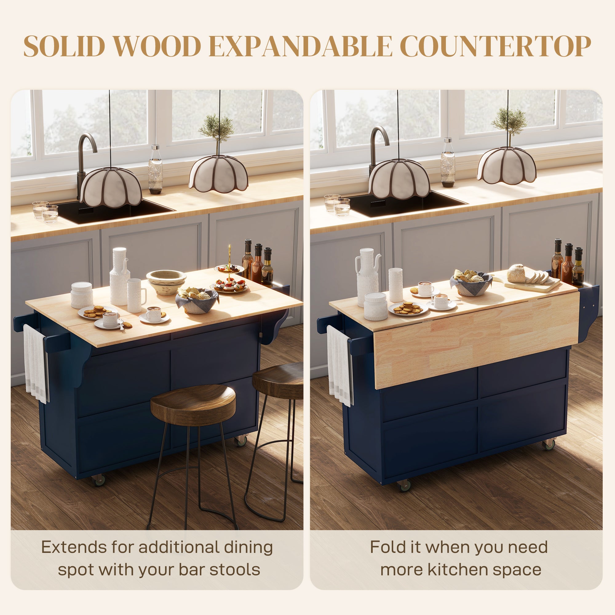 Rolling Kitchen Island Drop Leaf Kitchen Cart on Wheels Solid Wood Top with Storage Drawers Dark Blue