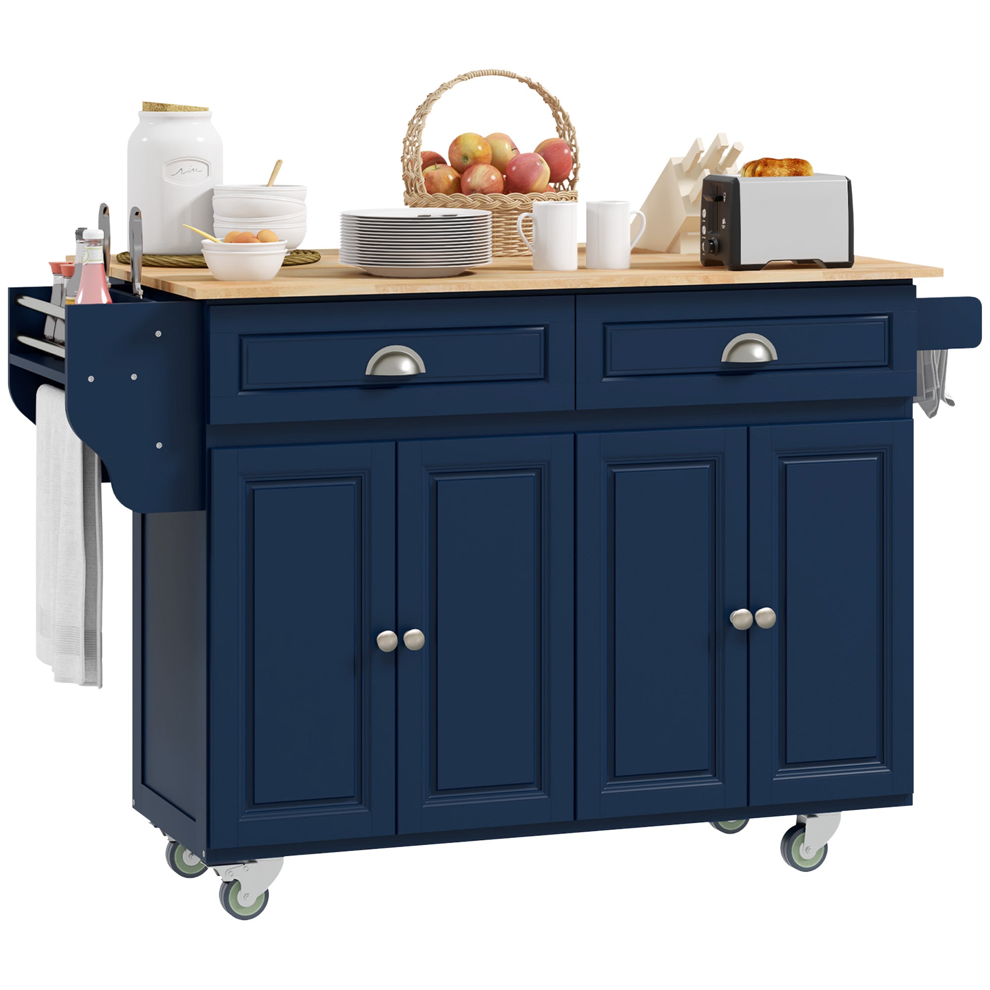 Rolling Kitchen Island Drop Leaf Kitchen Cart on Wheels Solid Wood Top with Storage Drawers Dark Blue