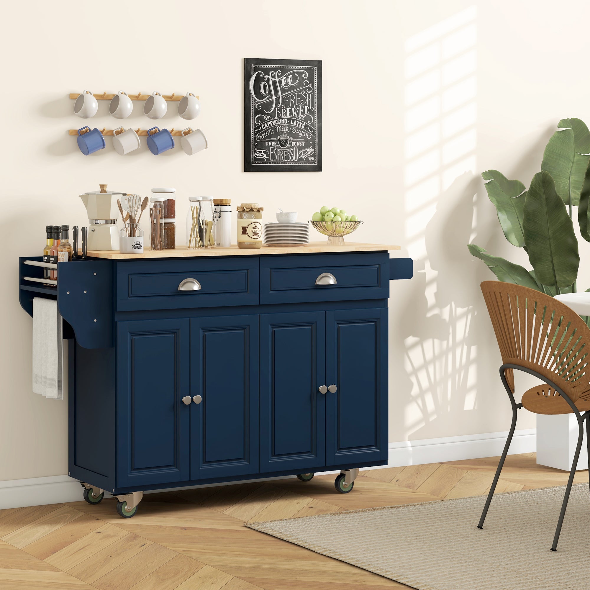 Rolling Kitchen Island Drop Leaf Kitchen Cart on Wheels Solid Wood Top with Storage Drawers Dark Blue