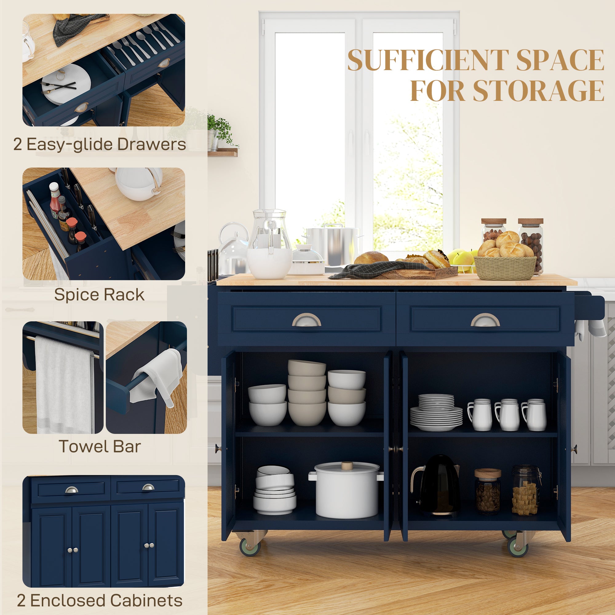 Rolling Kitchen Island Drop Leaf Kitchen Cart on Wheels Solid Wood Top with Storage Drawers Dark Blue