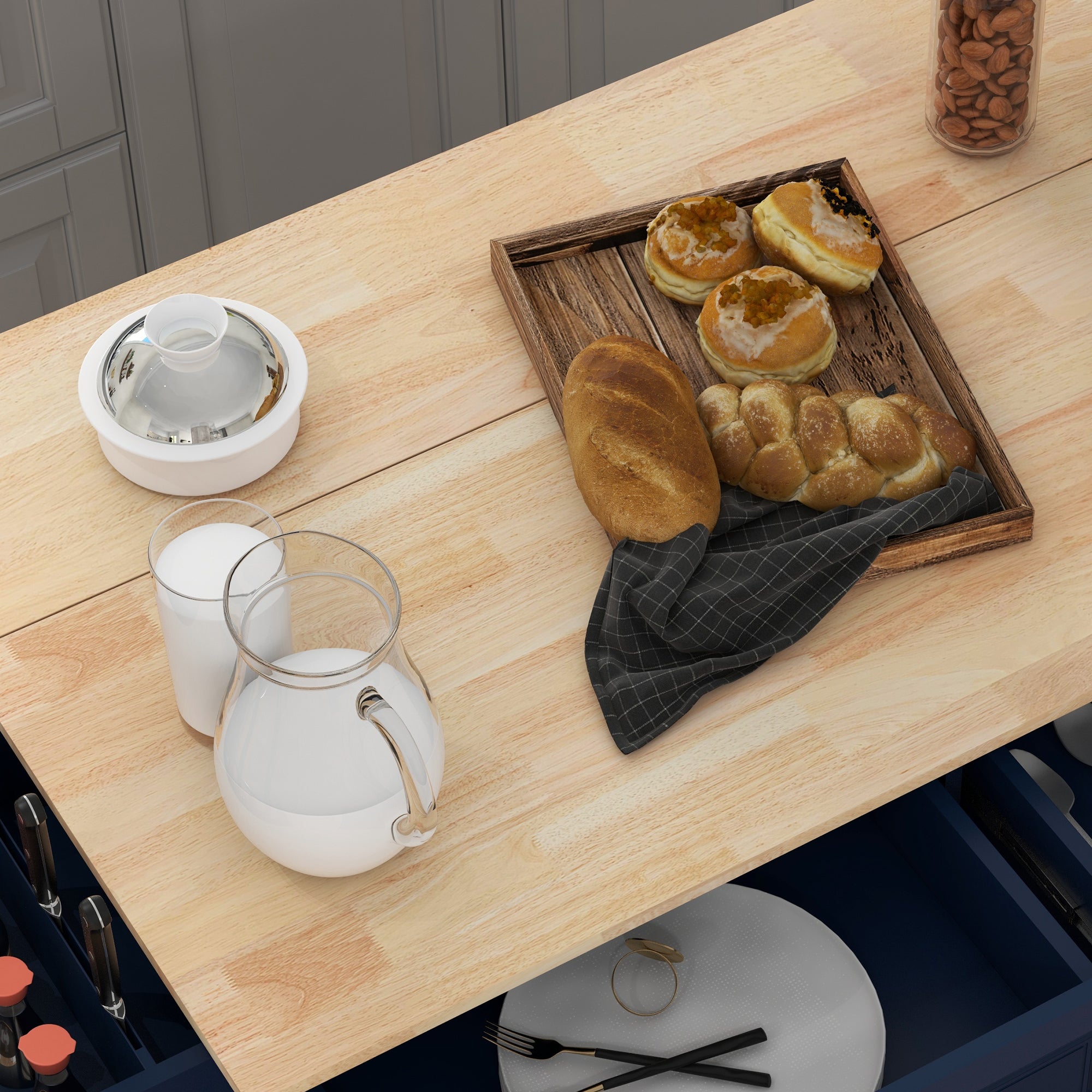 Rolling Kitchen Island Drop Leaf Kitchen Cart on Wheels Solid Wood Top with Storage Drawers Dark Blue