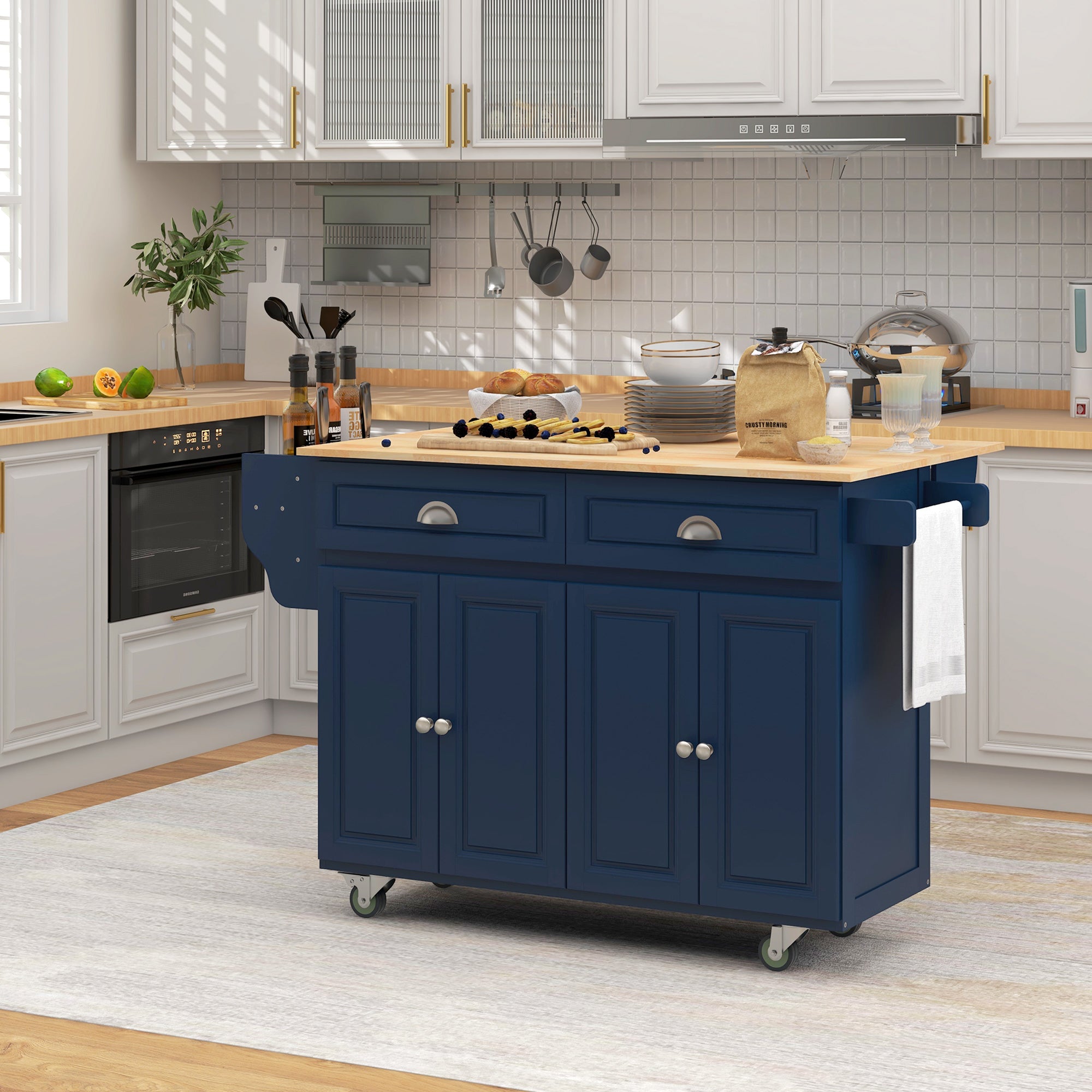 Rolling Kitchen Island Drop Leaf Kitchen Cart on Wheels Solid Wood Top with Storage Drawers Dark Blue