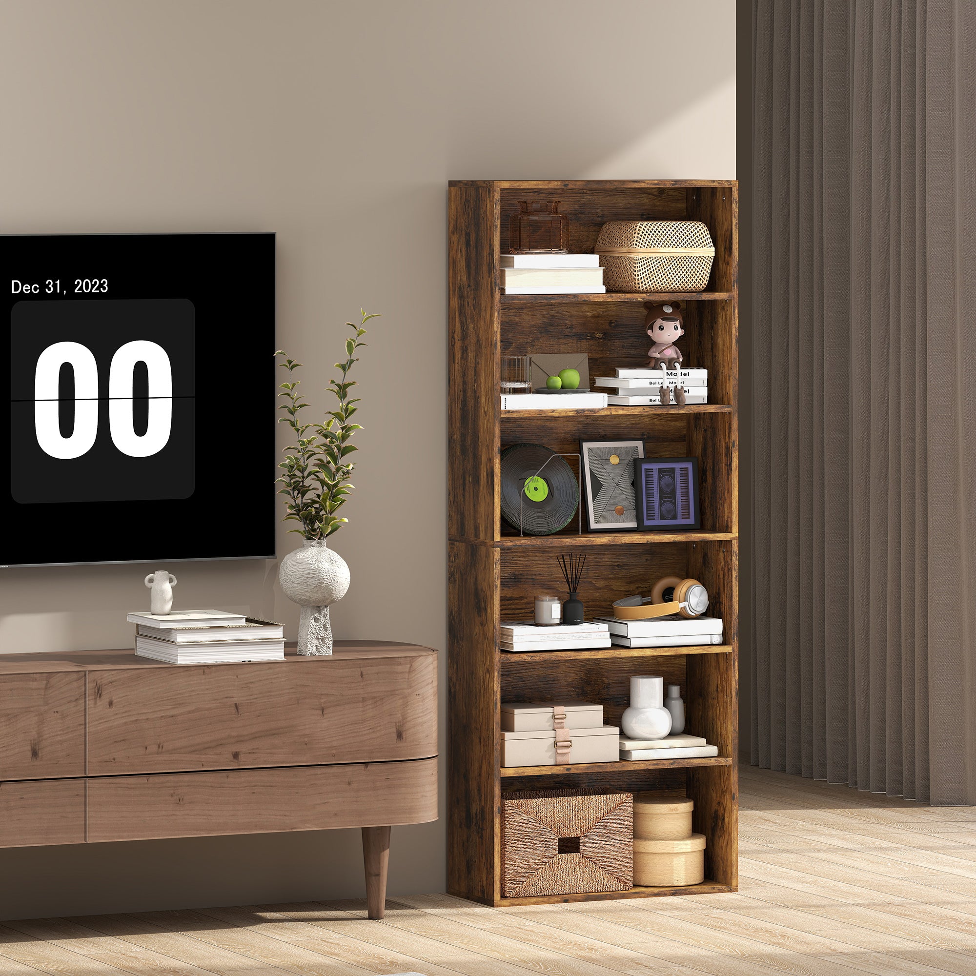 6 Tier Bookshelf, Freestanding Bookcase with Adjustable Shelves, Display Storage Unit for Living Room, Bedroom, Study, 60 x 24 x 158.5 cm, Rustic Brown