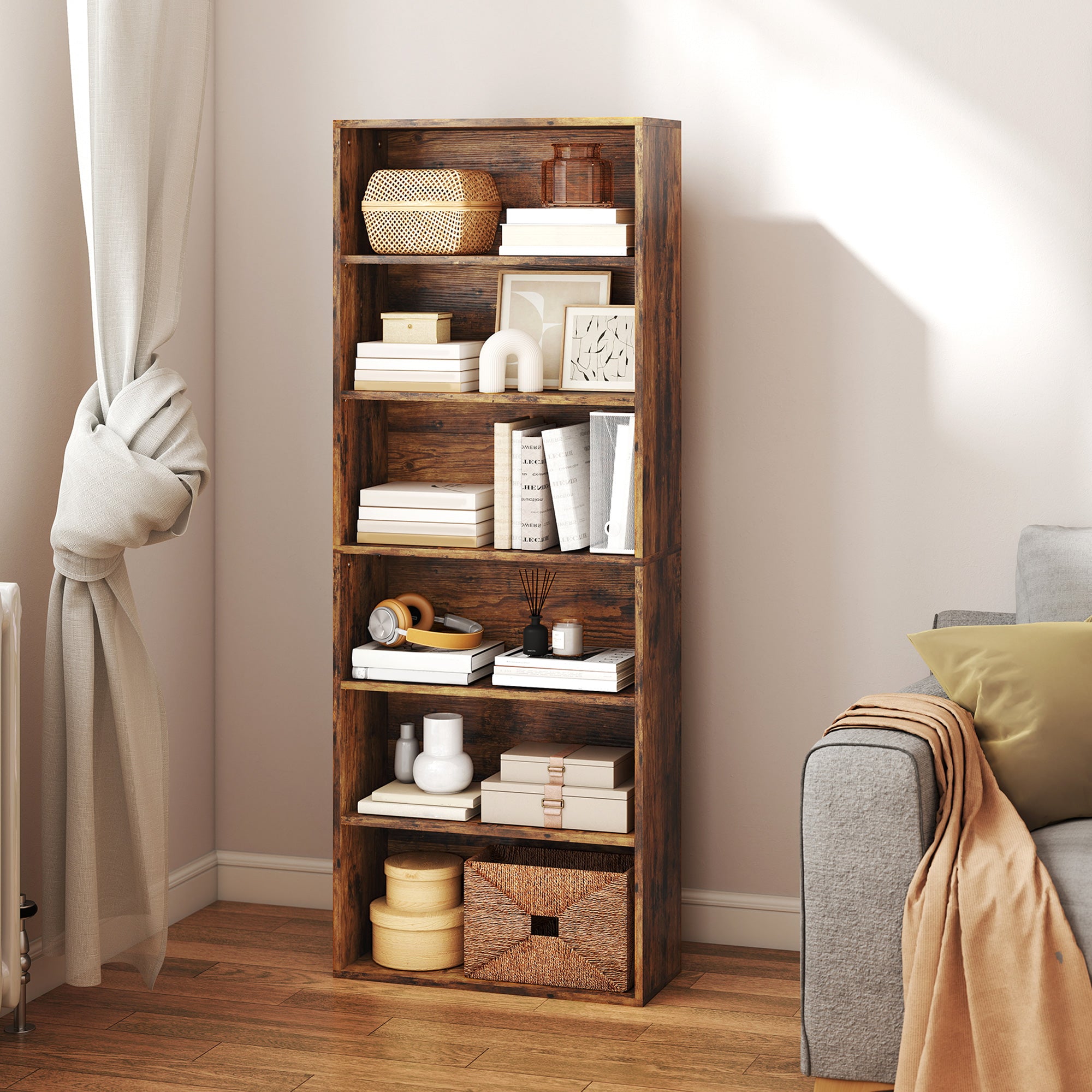6 Tier Bookshelf, Freestanding Bookcase with Adjustable Shelves, Display Storage Unit for Living Room, Bedroom, Study, 60 x 24 x 158.5 cm, Rustic Brown