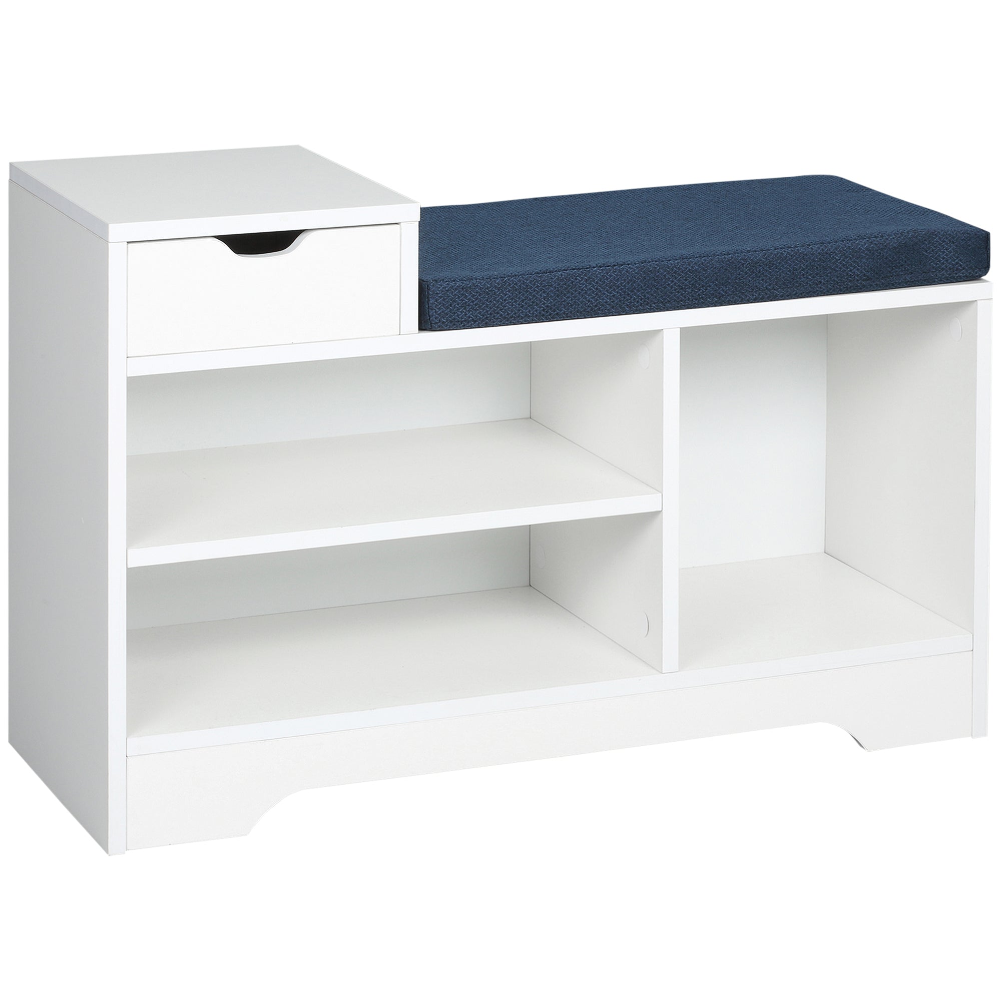 HOMCOM Shoe Bench with Storage, Modern Upholstered Entryway Bench with Open Shelves and Drawer for Living Room, Hallway, White