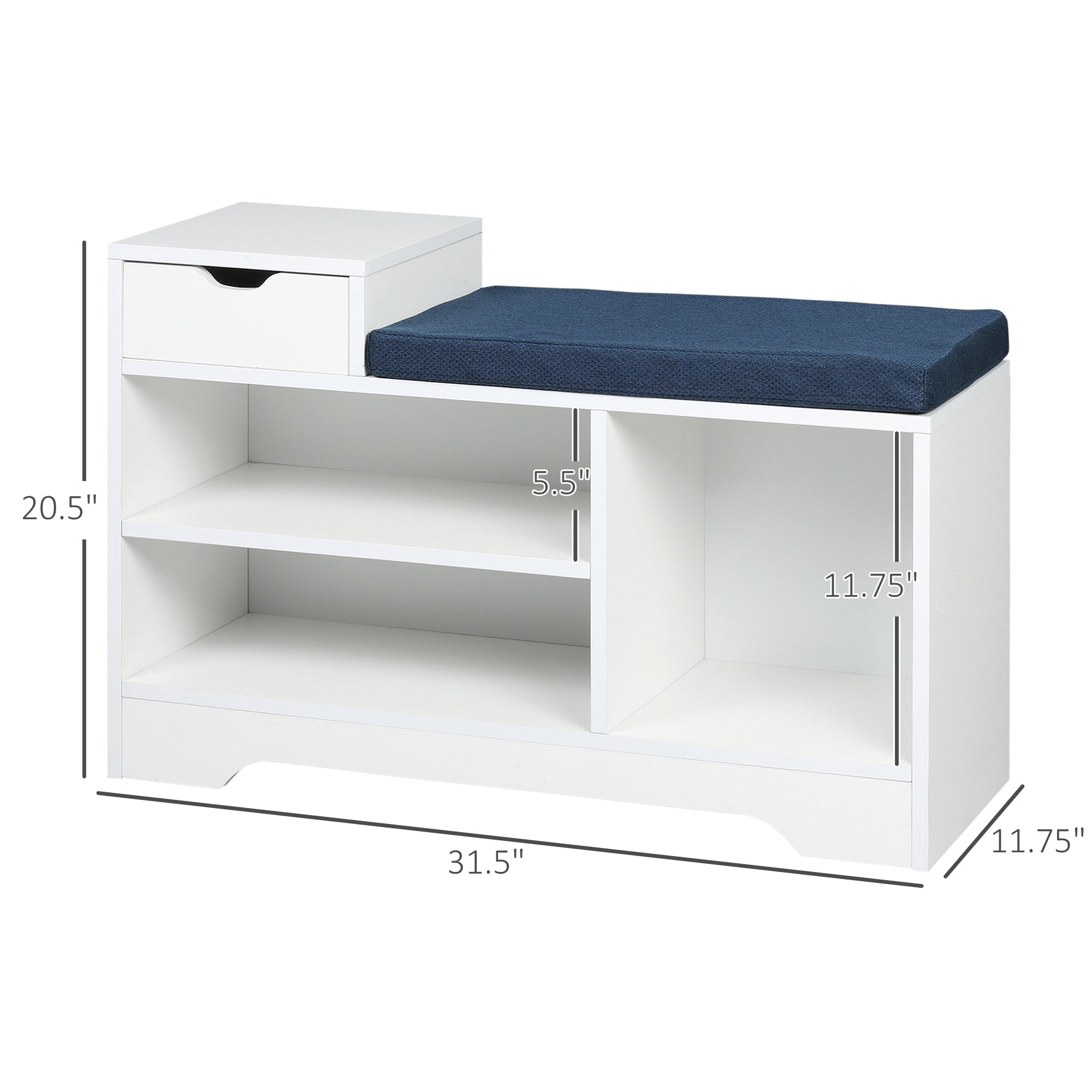 HOMCOM Shoe Bench with Storage, Modern Upholstered Entryway Bench with Open Shelves and Drawer for Living Room, Hallway, White