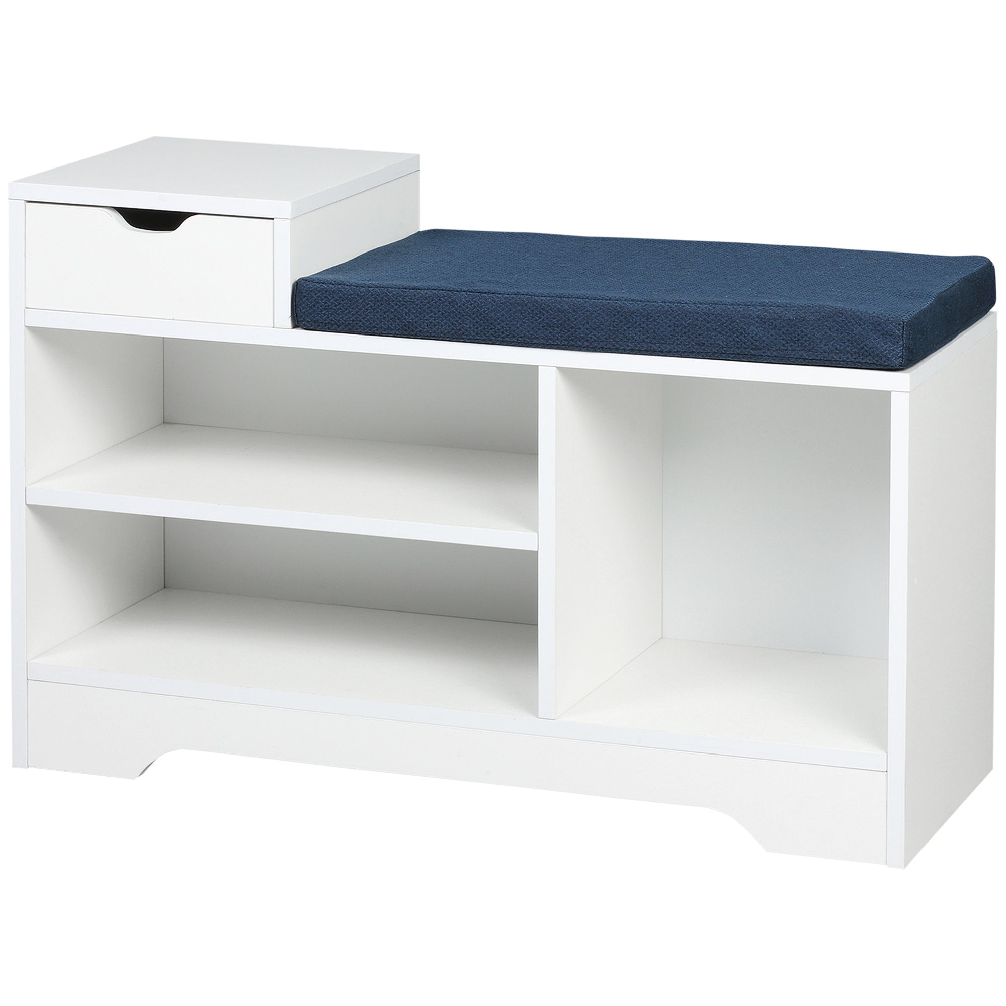 HOMCOM Shoe Bench with Storage, Modern Upholstered Entryway Bench with Open Shelves and Drawer for Living Room, Hallway, White