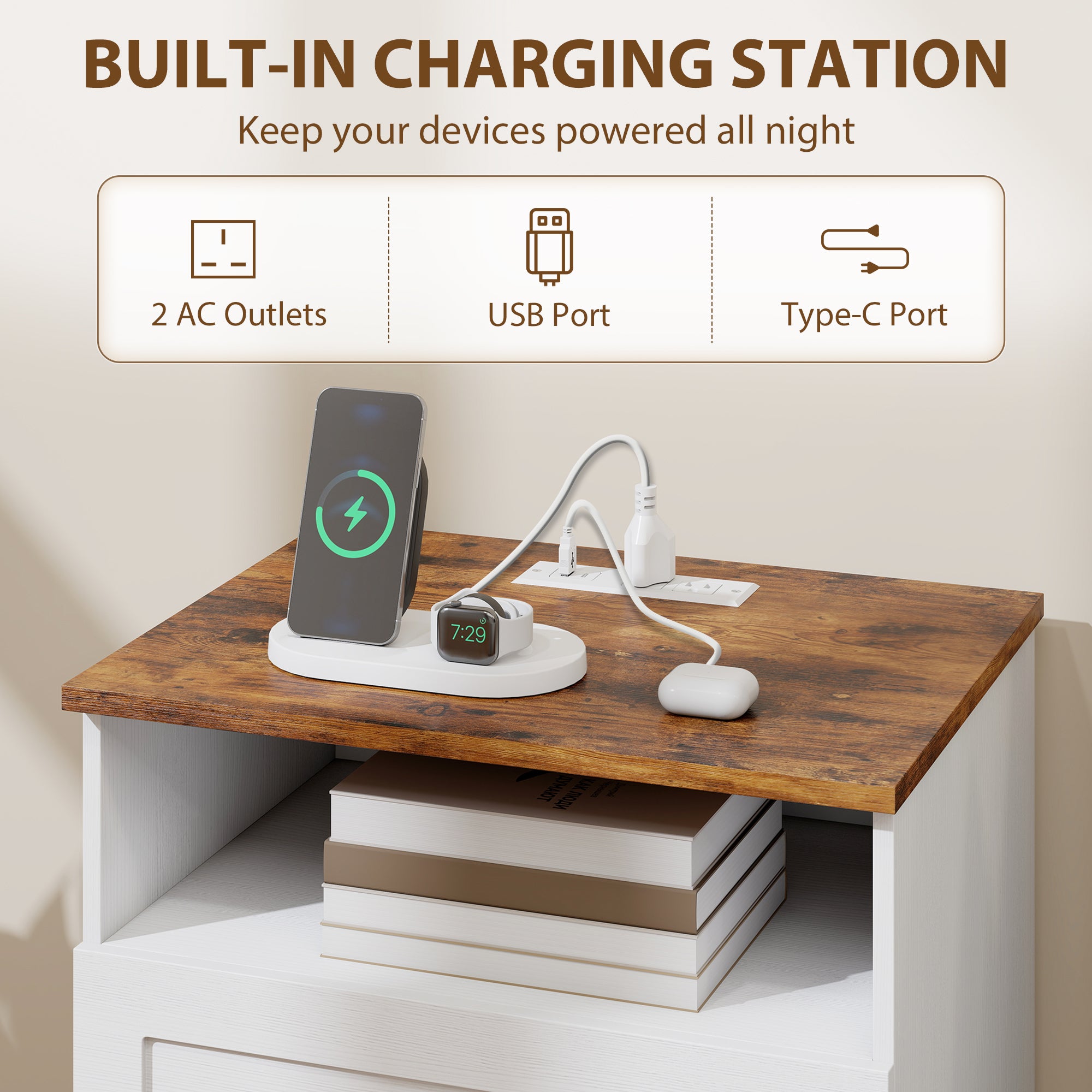 Modern Nightstands Set of 2, Bedside Table with Charging Station, 2 Drawers and Open Shelf, Side End Table for Bedroom, White and Oak