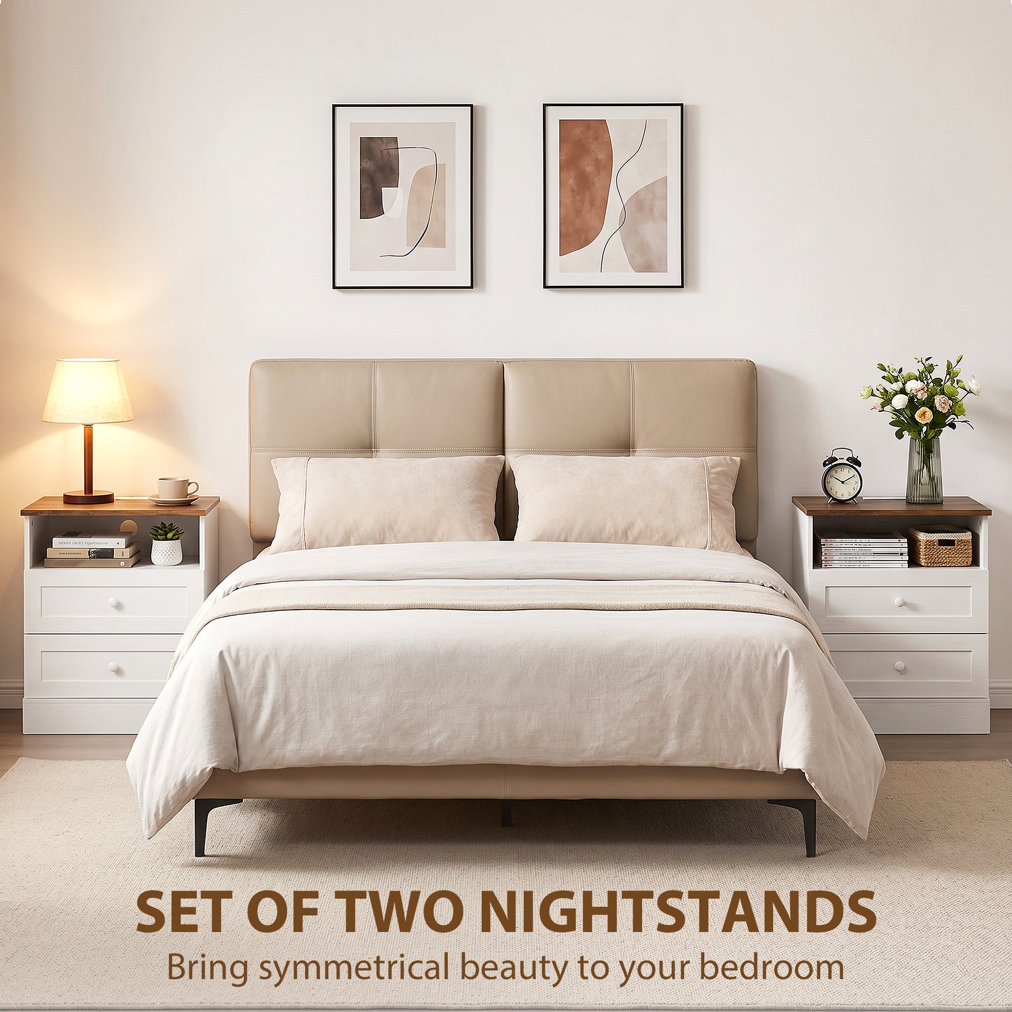 Modern Nightstands Set of 2, Bedside Table with Charging Station, 2 Drawers and Open Shelf, Side End Table for Bedroom, White and Oak