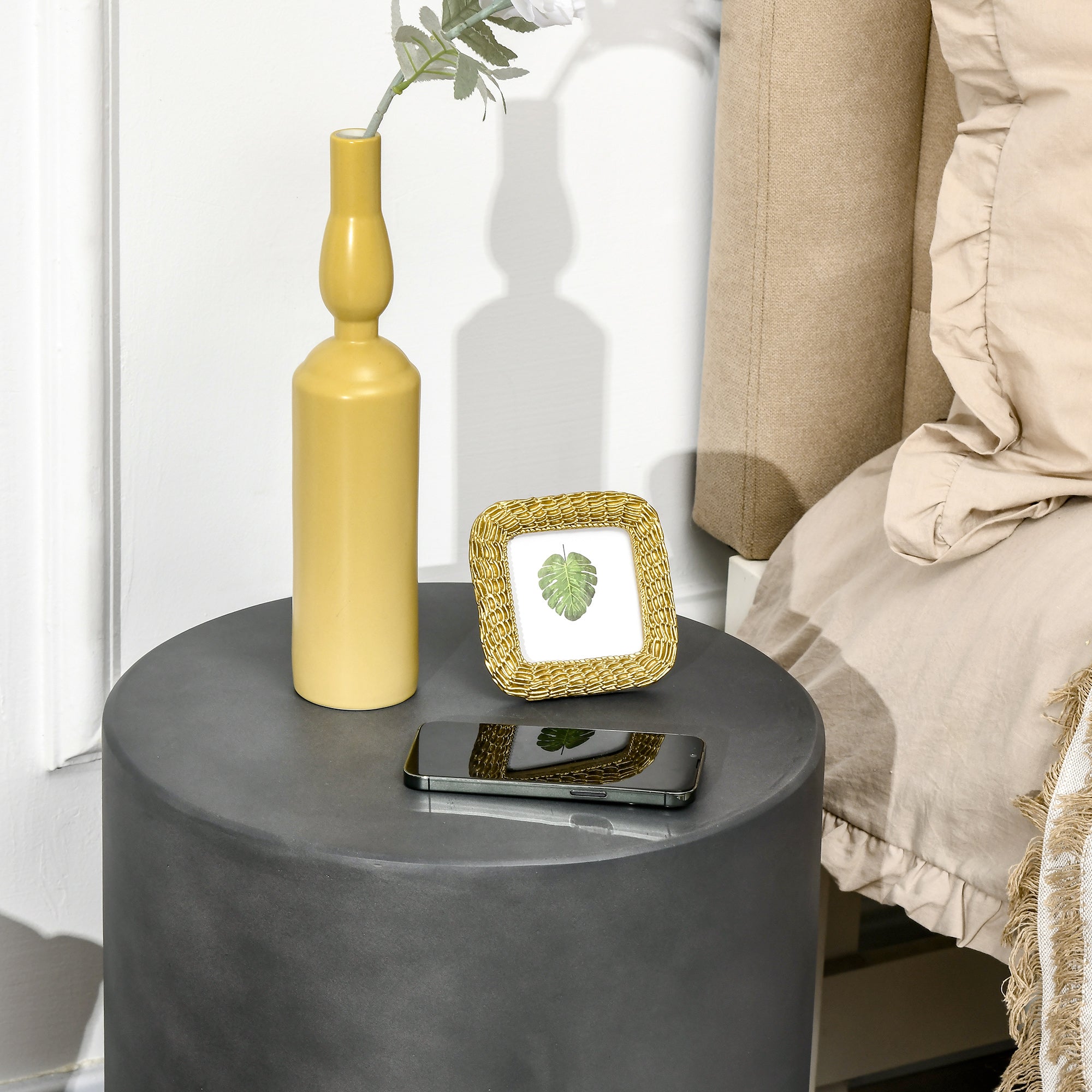HOMCOM Concrete Finish Side Table, Lightweight Accent Table, 17" Patio Round Stump End Table with 4 Adjustable Feet for Indoor, Outdoor, Charcoal Grey
