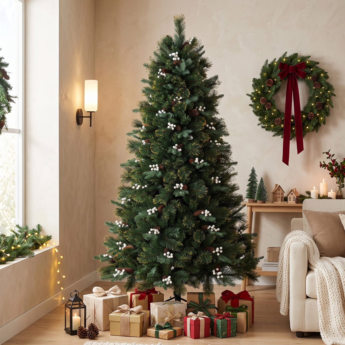 6ft/180cm Artificial Christmas Tree, Fir Hinged Xmas Tree with 716 Branch Tips, Foldable Metal Stand, Easy Assembly for Home Office Holiday Decoration, Green