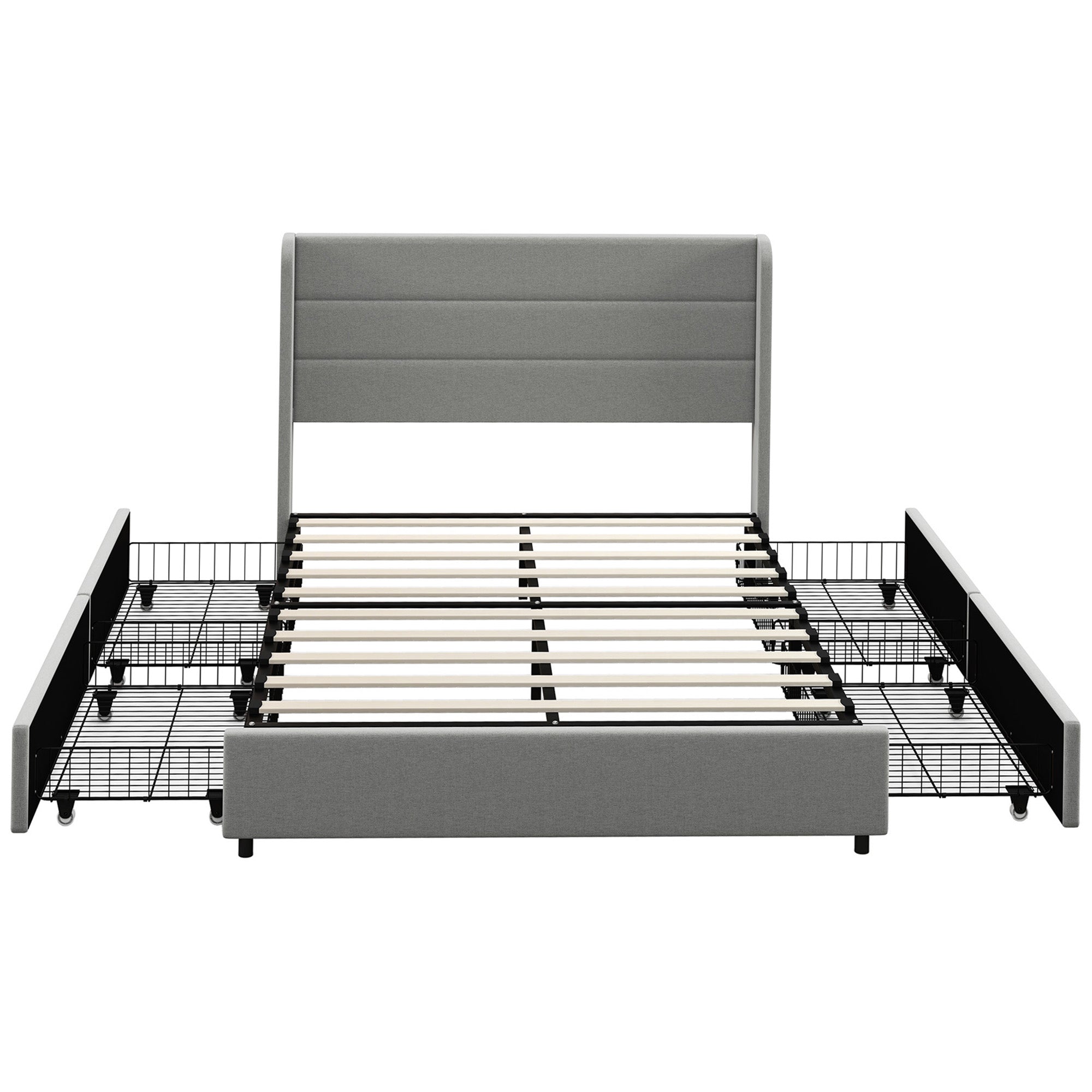 Full Bed Frame with Storage Drawers Headboard Wood Slats Noise Free Light Gray