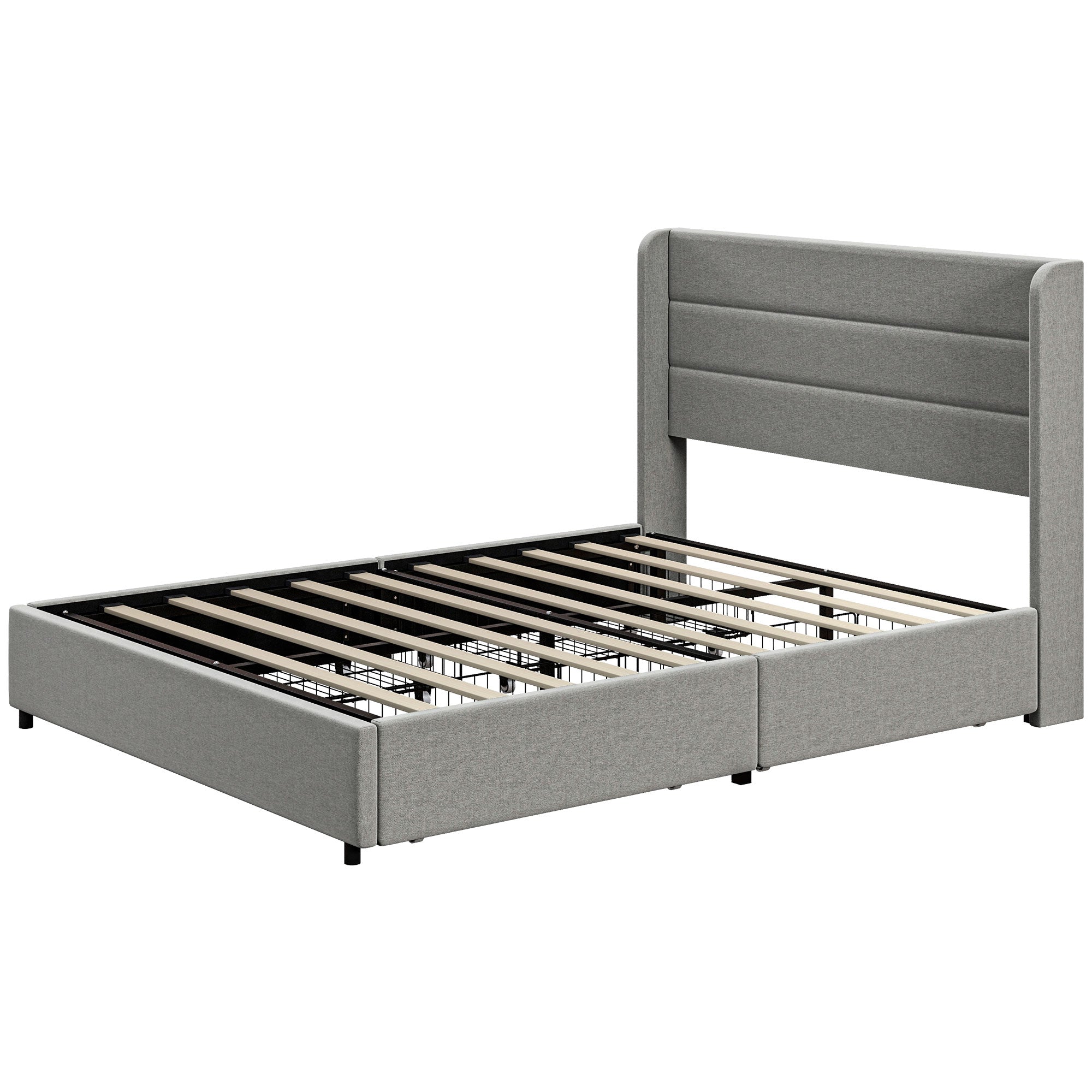 Full Bed Frame with Storage Drawers Headboard Wood Slats Noise Free Light Gray