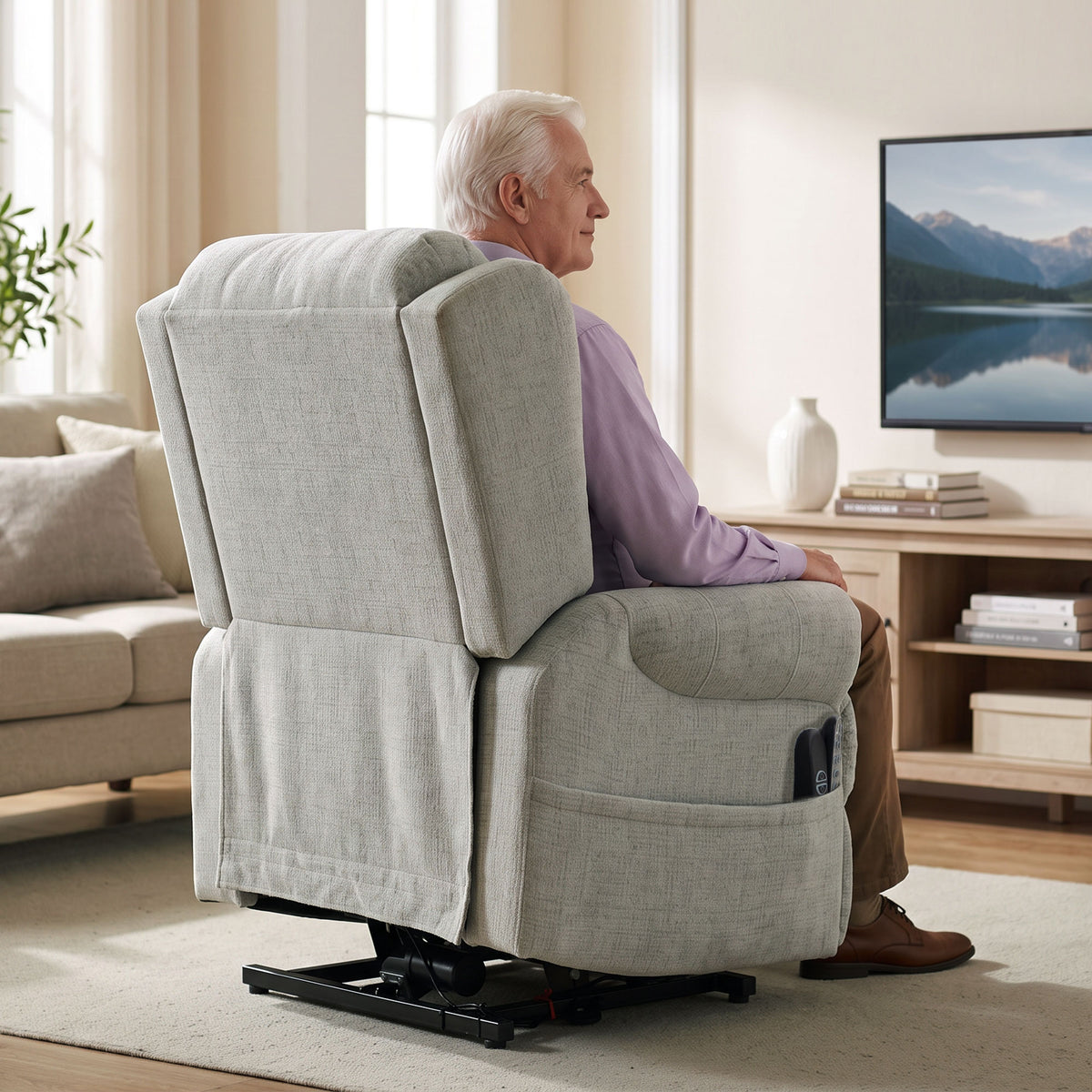 Riser Recliner Chair with Vibration Massage and Heat, Chenille Electric Power Lift Recliner Chair for Elderly with Spring Cushion, USB Port, Plush High Back, Remote, Side Pockets, Light Grey