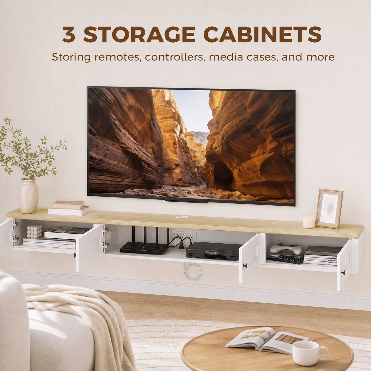Floating TV Stand for TVs up to 72 Inch, Modern Wall Mounted Media Console with Power Outlets, Entertainment Center with Storage Shelves for Living Room, Bedroom, White