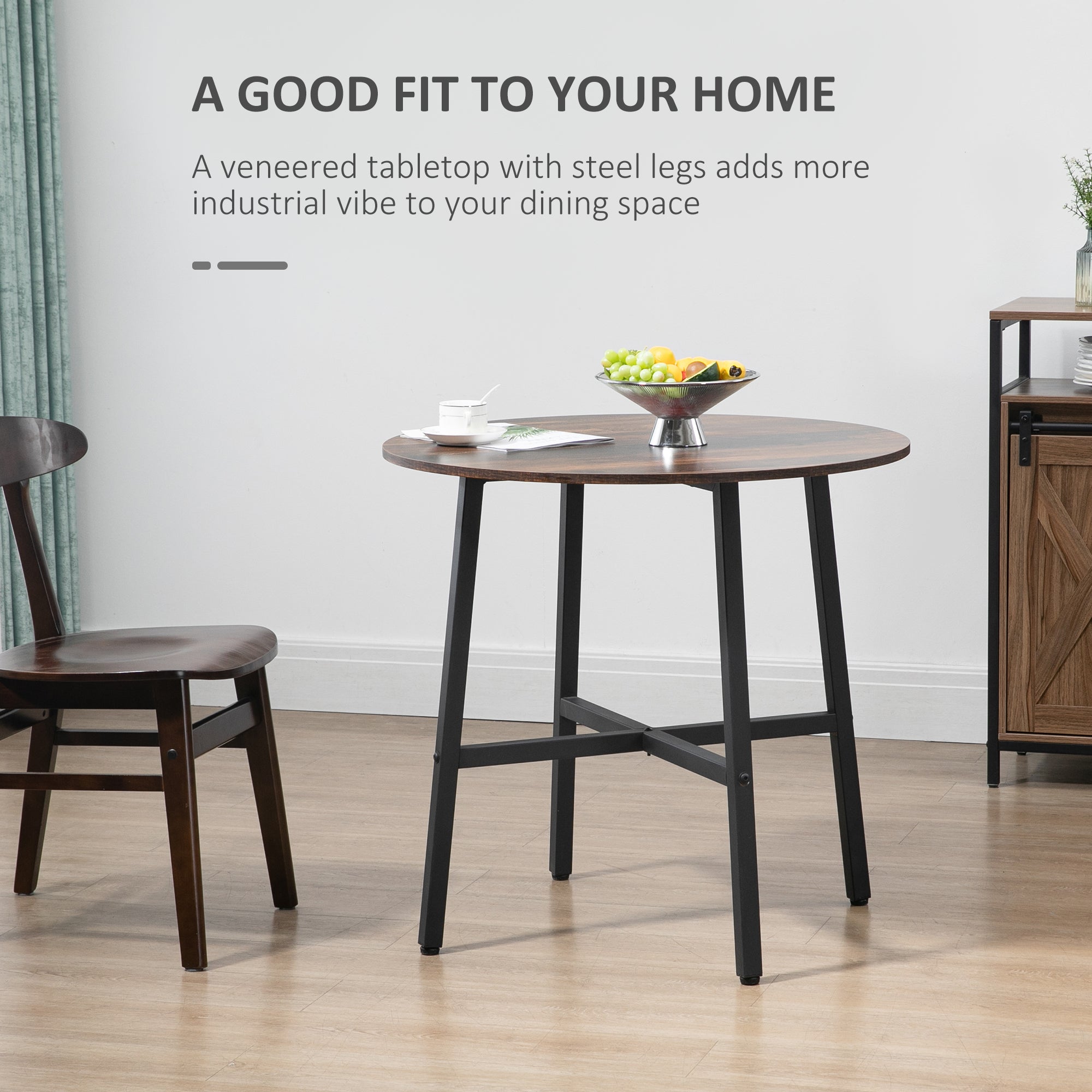 HOMCOM Industrial Style Round Dining Table for 4 People - Kitchen Table with Steel Legs for Dining Room, Living Room, 80cm Diameter, Rustic Brown