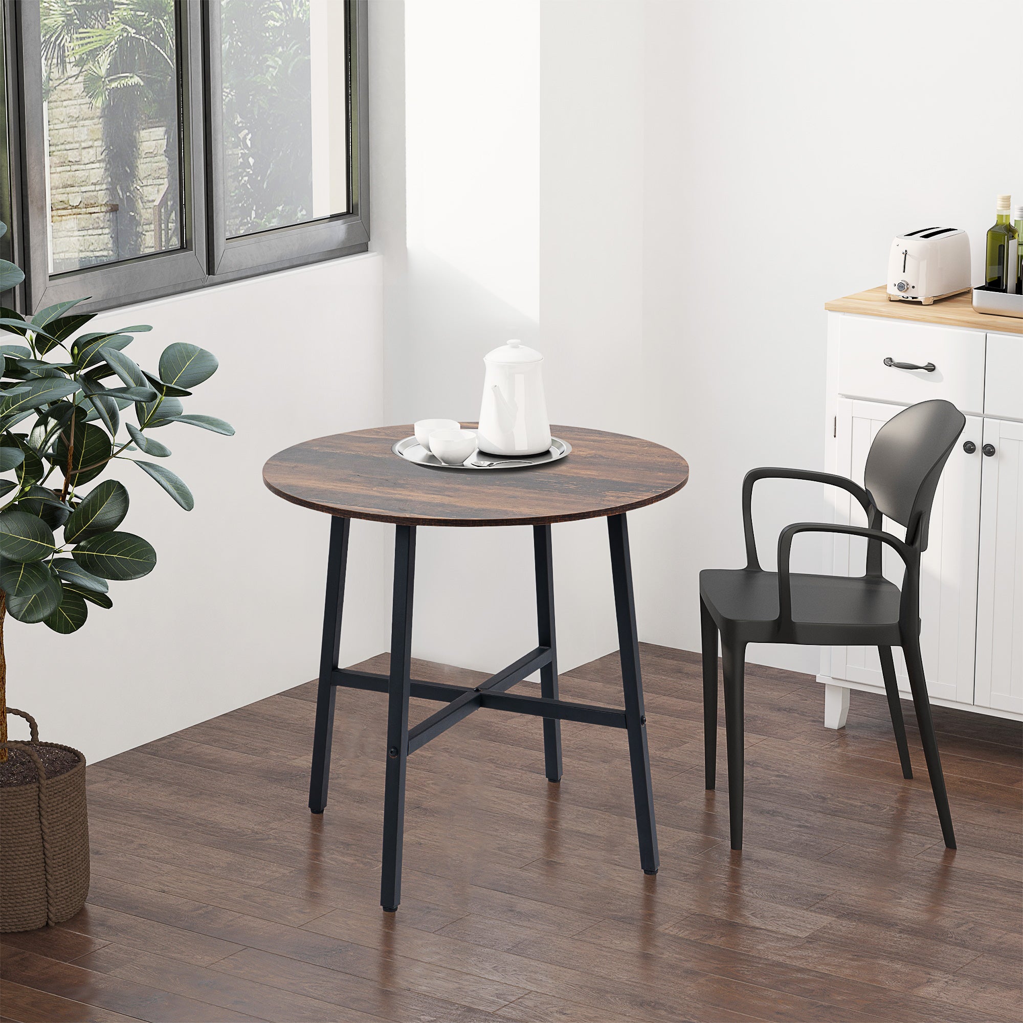 HOMCOM Industrial Style Round Dining Table for 4 People - Kitchen Table with Steel Legs for Dining Room, Living Room, 80cm Diameter, Rustic Brown