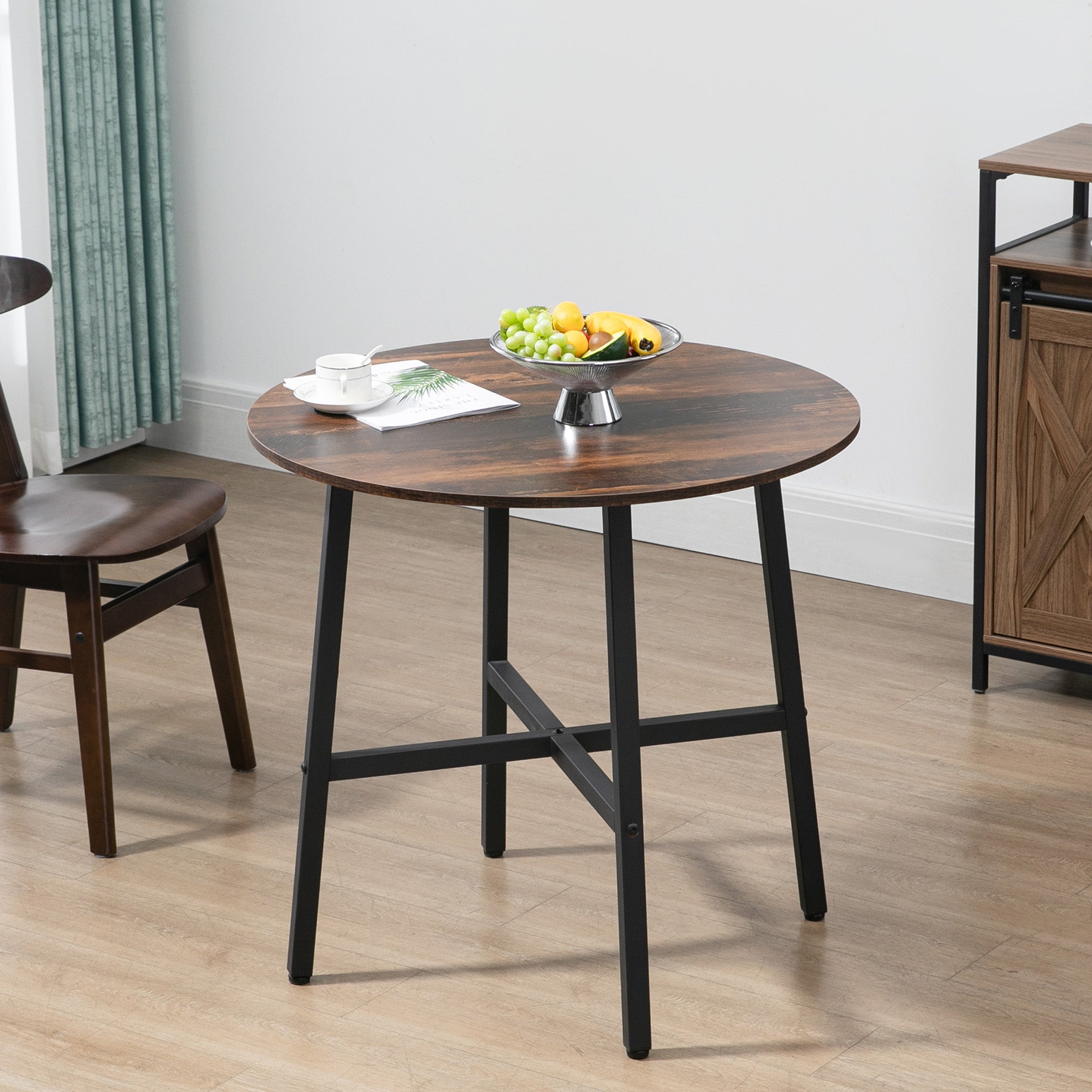 HOMCOM Industrial Style Round Dining Table for 4 People - Kitchen Table with Steel Legs for Dining Room, Living Room, 80cm Diameter, Rustic Brown