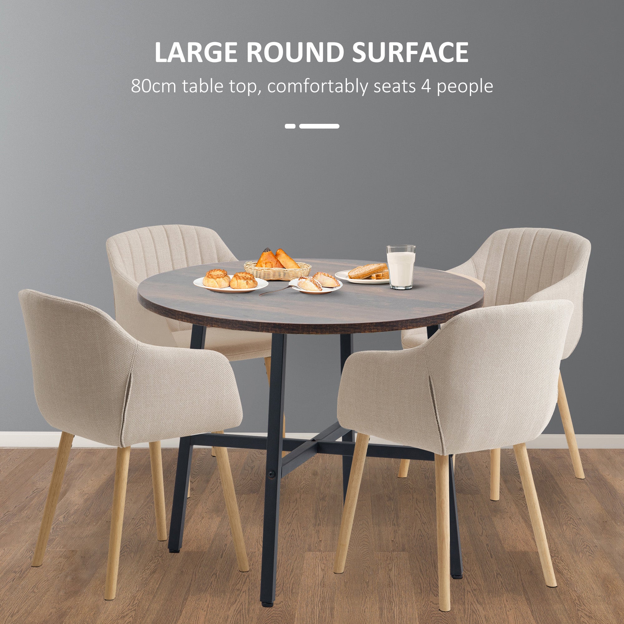 HOMCOM Industrial Style Round Dining Table for 4 People - Kitchen Table with Steel Legs for Dining Room, Living Room, 80cm Diameter, Rustic Brown