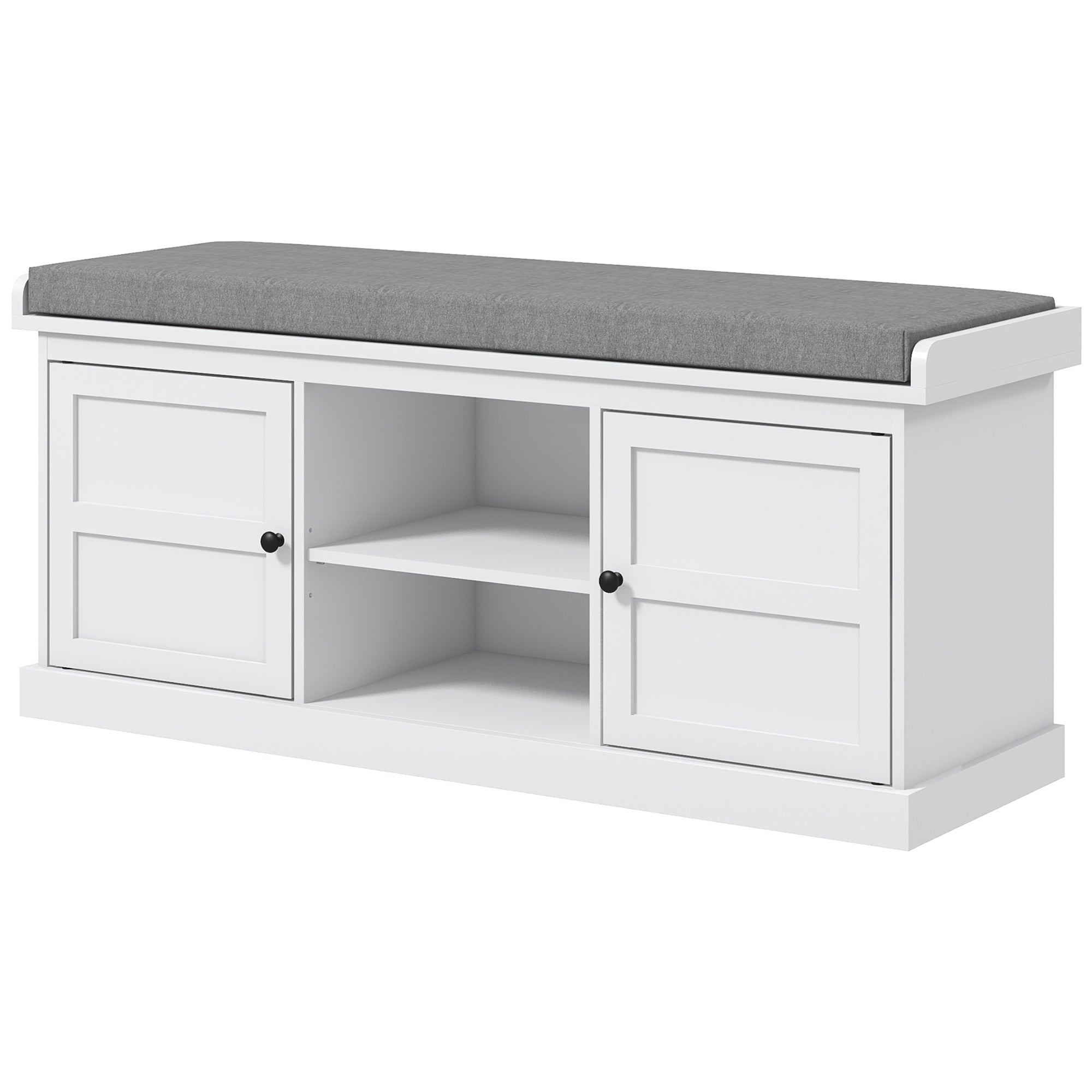 Shoe Storage Bench with Cushioned Seat, Entryway Bench Seat with 2 Cabinets and Adjustable Shelf for Hallway, White