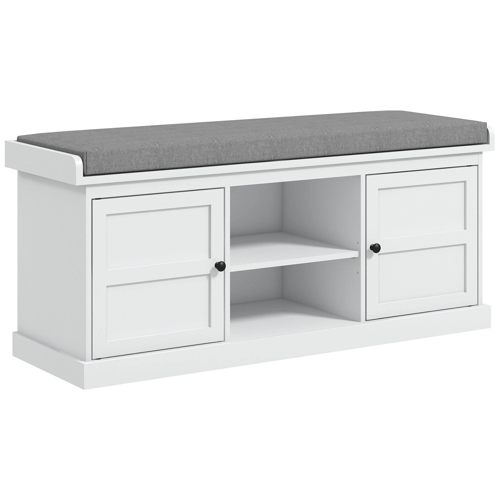 Shoe Storage Bench with Cushioned Seat, Entryway Bench Seat with 2 Cabinets and Adjustable Shelf for Hallway, White