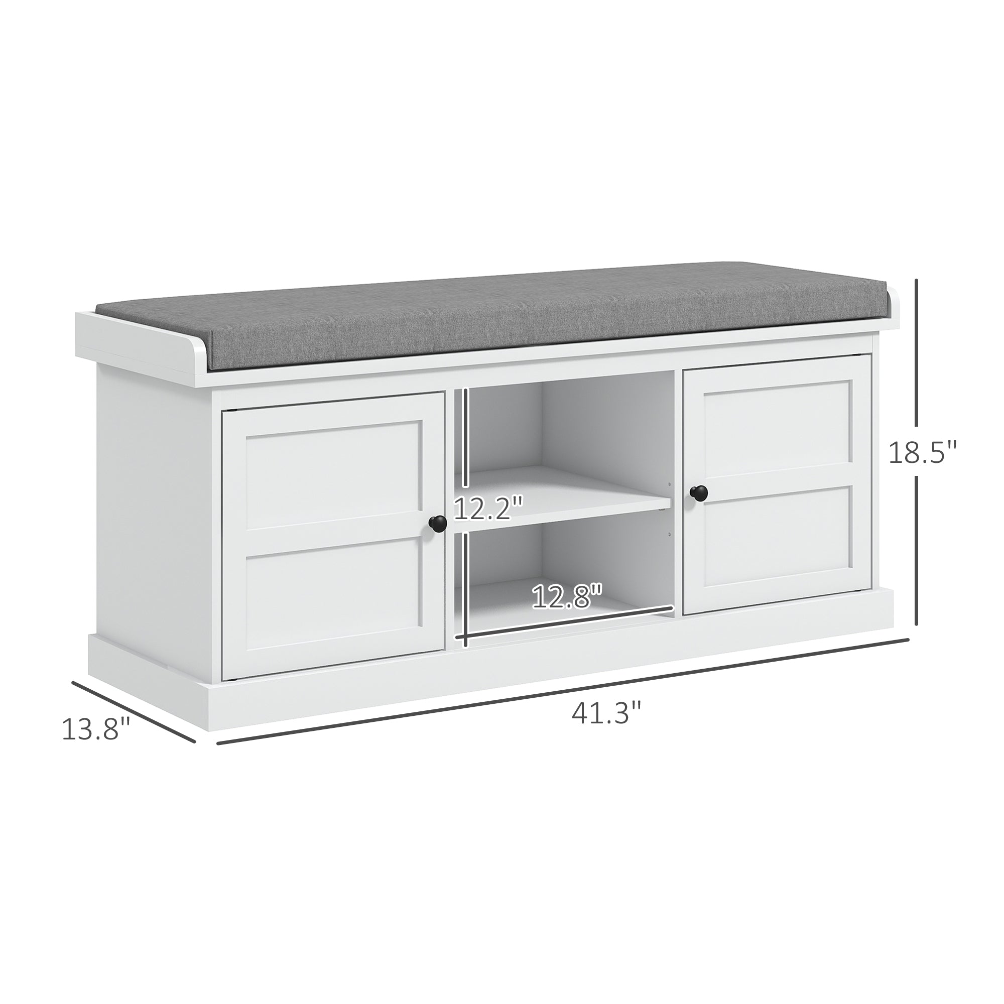 Shoe Storage Bench with Cushioned Seat, Entryway Bench Seat with 2 Cabinets and Adjustable Shelf for Hallway, White