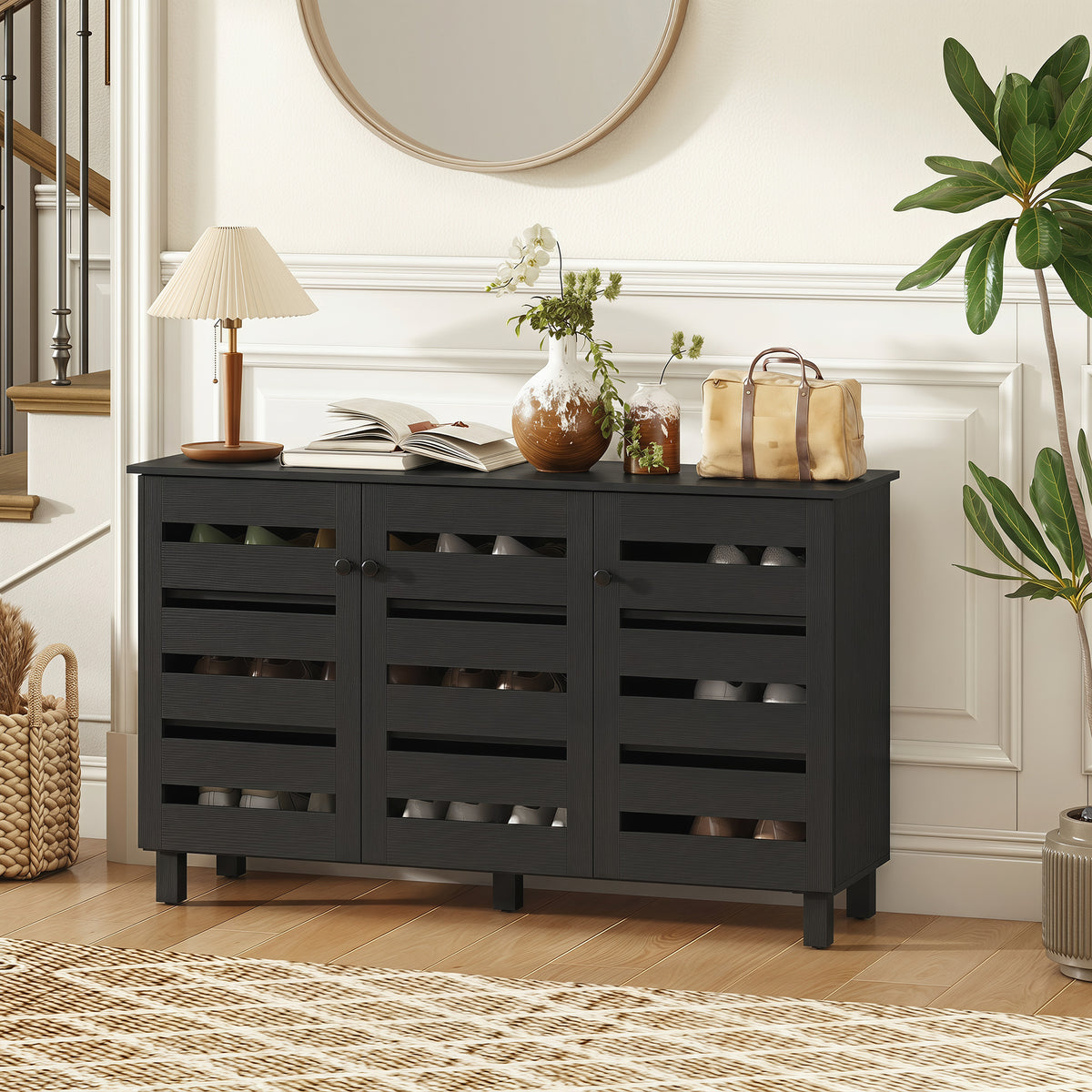 Shoe Cabinet, Shoe Storage Cabinet with 3 Slatted Doors, 3-tier Shelving Shoe Rack Cabinet with Adjustable Shelves for Entryway, Hallway, Living Room, Holds 15 Pairs, Black