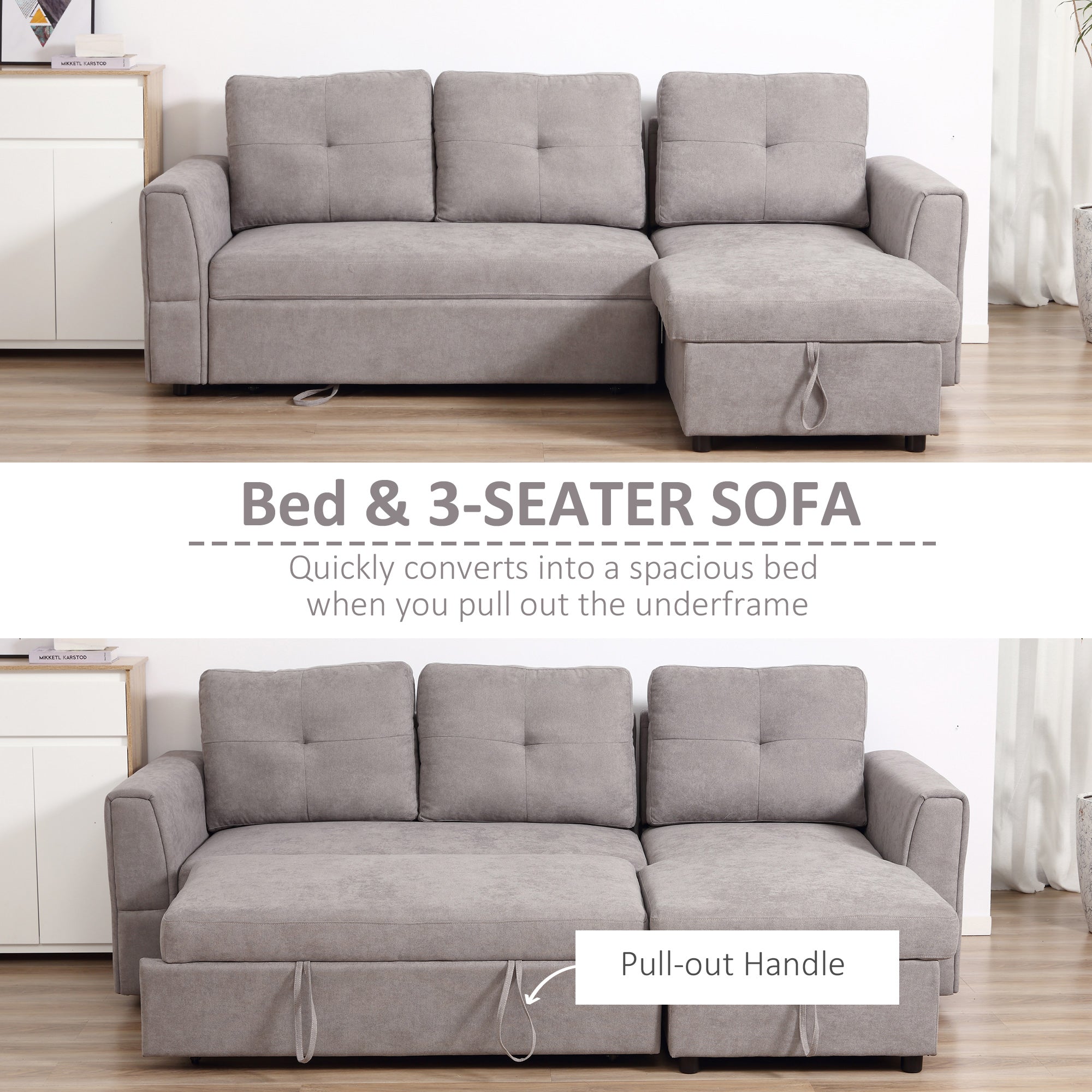 HOMCOM 3 Seater Sofa Bed, L-Shaped Corner Sofa, Pull Out Sofa with Storage, Convertible Click Clack Settee Sectional Sleeper Futon for Living Room, Office, Grey