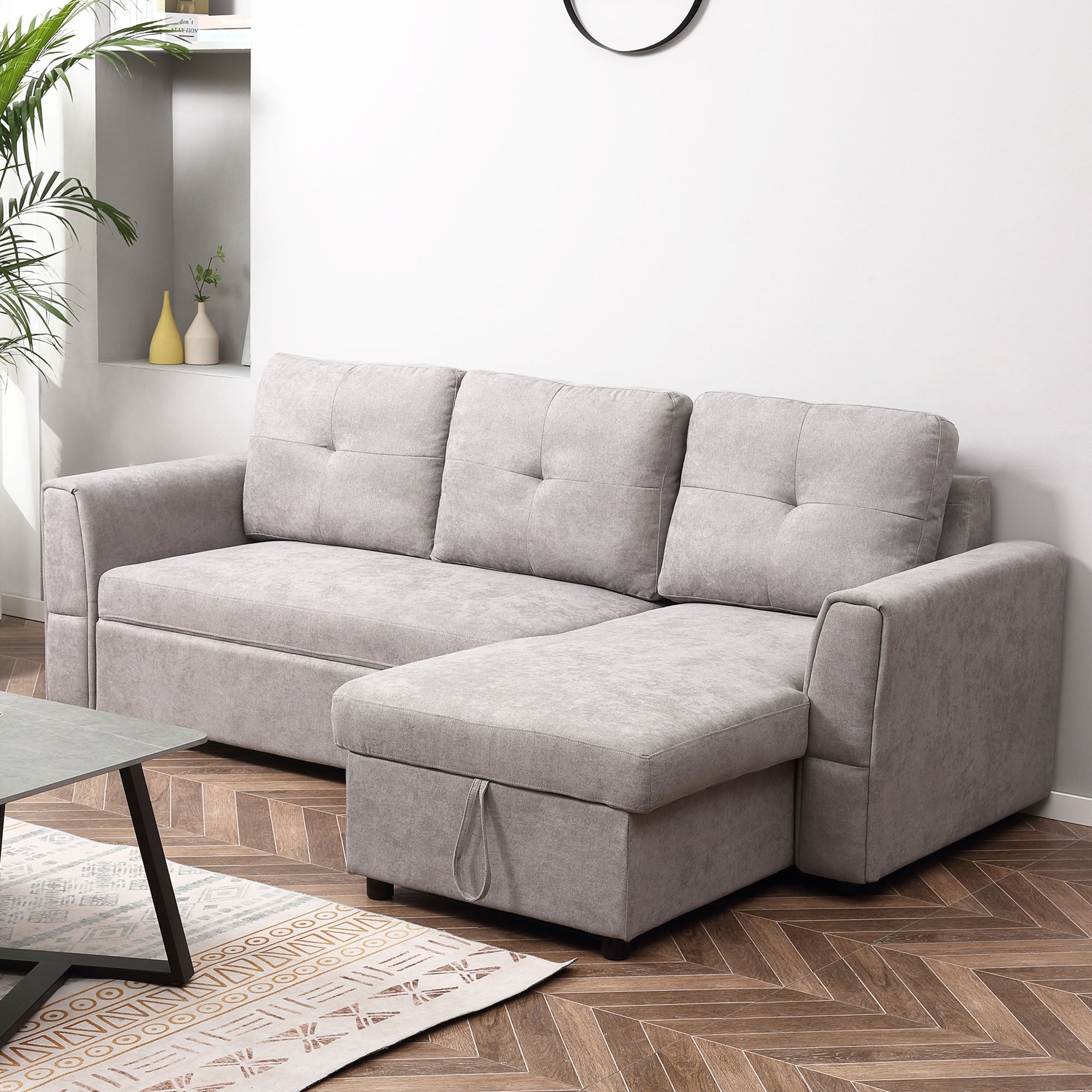 HOMCOM 3 Seater Sofa Bed, L-Shaped Corner Sofa, Pull Out Sofa with Storage, Convertible Click Clack Settee Sectional Sleeper Futon for Living Room, Office, Grey