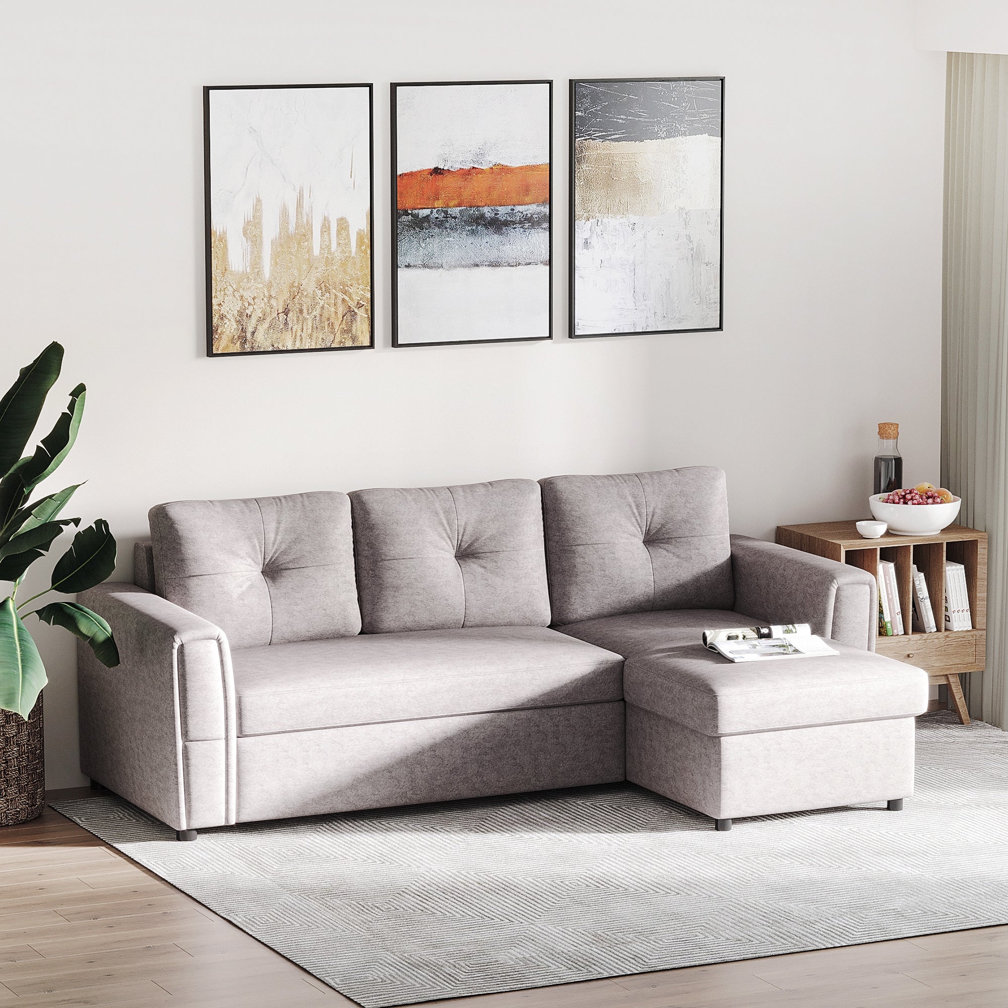 HOMCOM 3 Seater Sofa Bed, L-Shaped Corner Sofa, Pull Out Sofa with Storage, Convertible Click Clack Settee Sectional Sleeper Futon for Living Room, Office, Grey