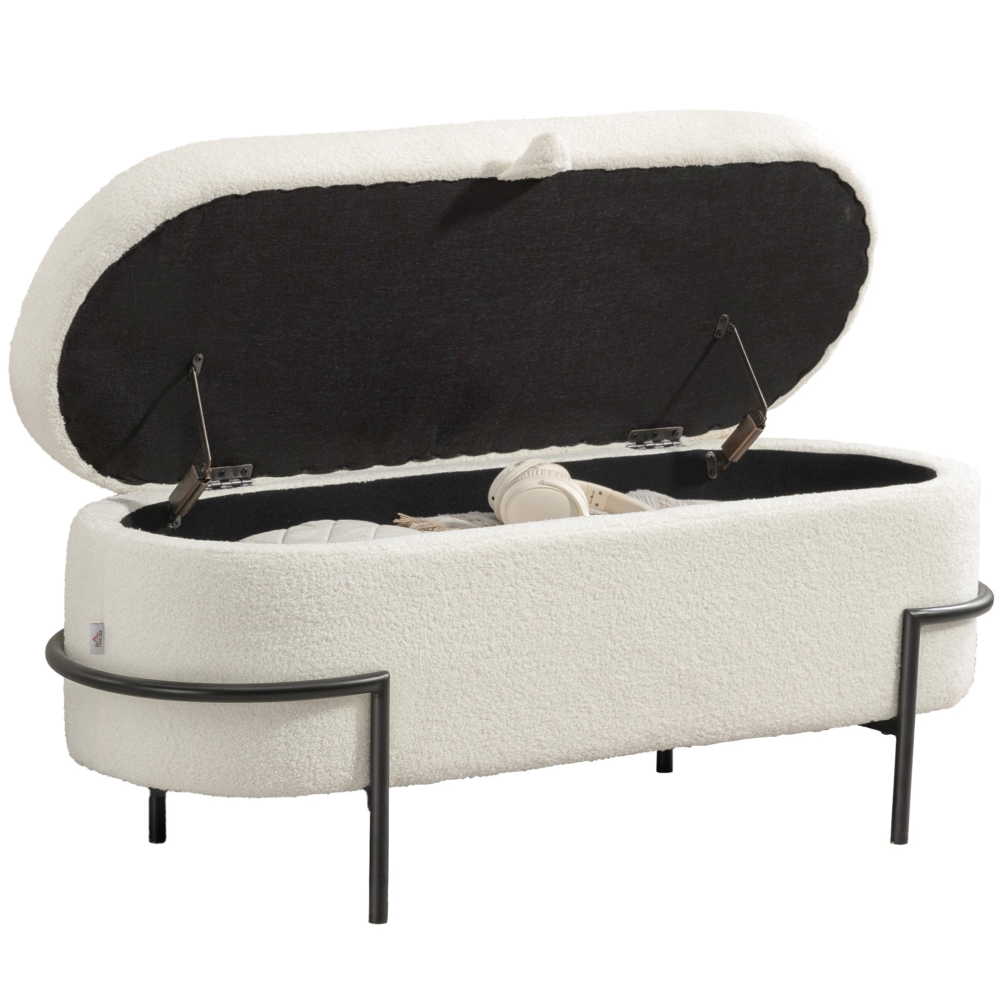 Storage Ottoman Bench, Foot Rest with Lift-Up Lid and Steel Legs, End of Bed Bench, 45 Inches Sherpa Fleece Storage Chest for Living Room, Bedroom, Entryway, Cream White