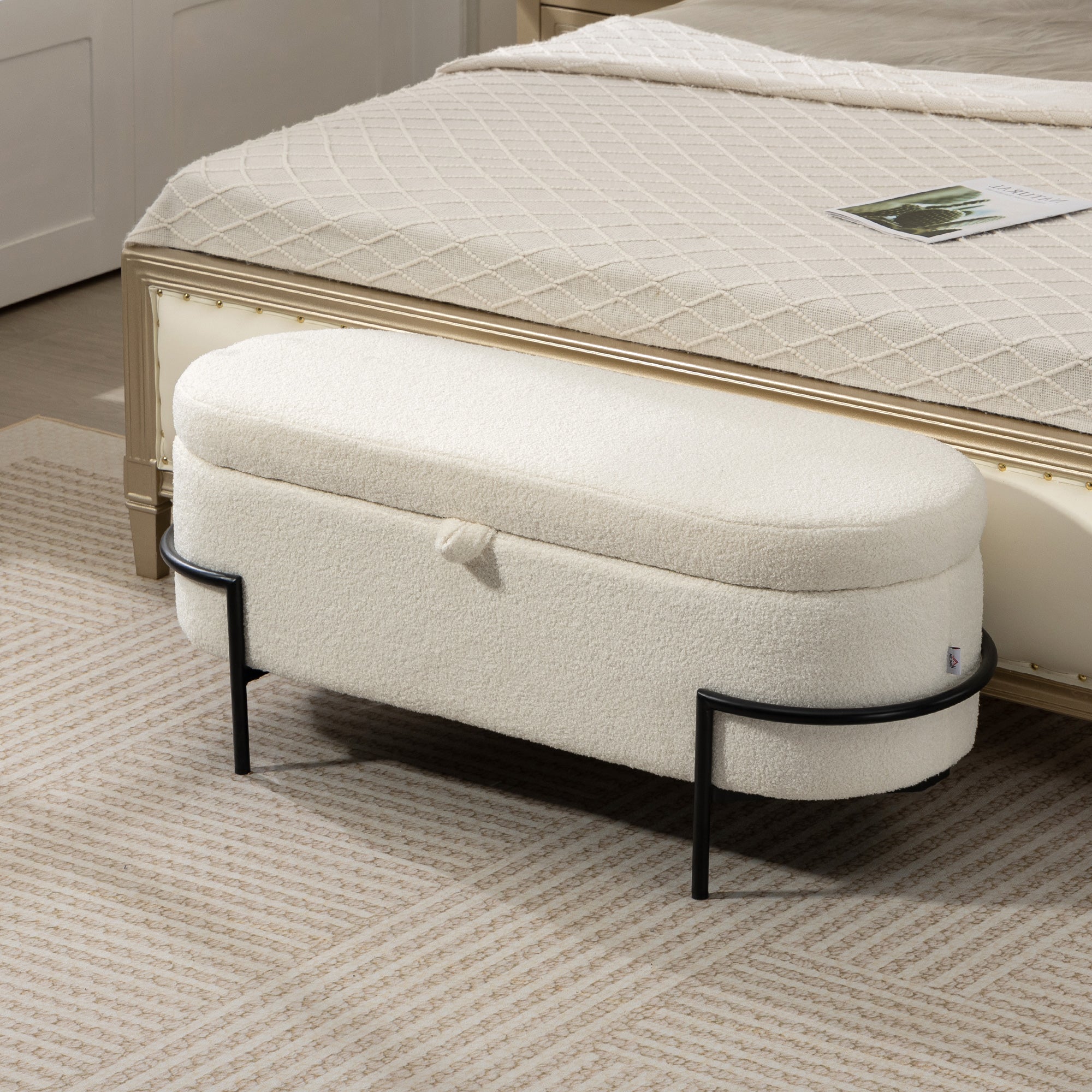 Storage Ottoman Bench, Foot Rest with Lift-Up Lid and Steel Legs, End of Bed Bench, 45 Inches Sherpa Fleece Storage Chest for Living Room, Bedroom, Entryway, Cream White
