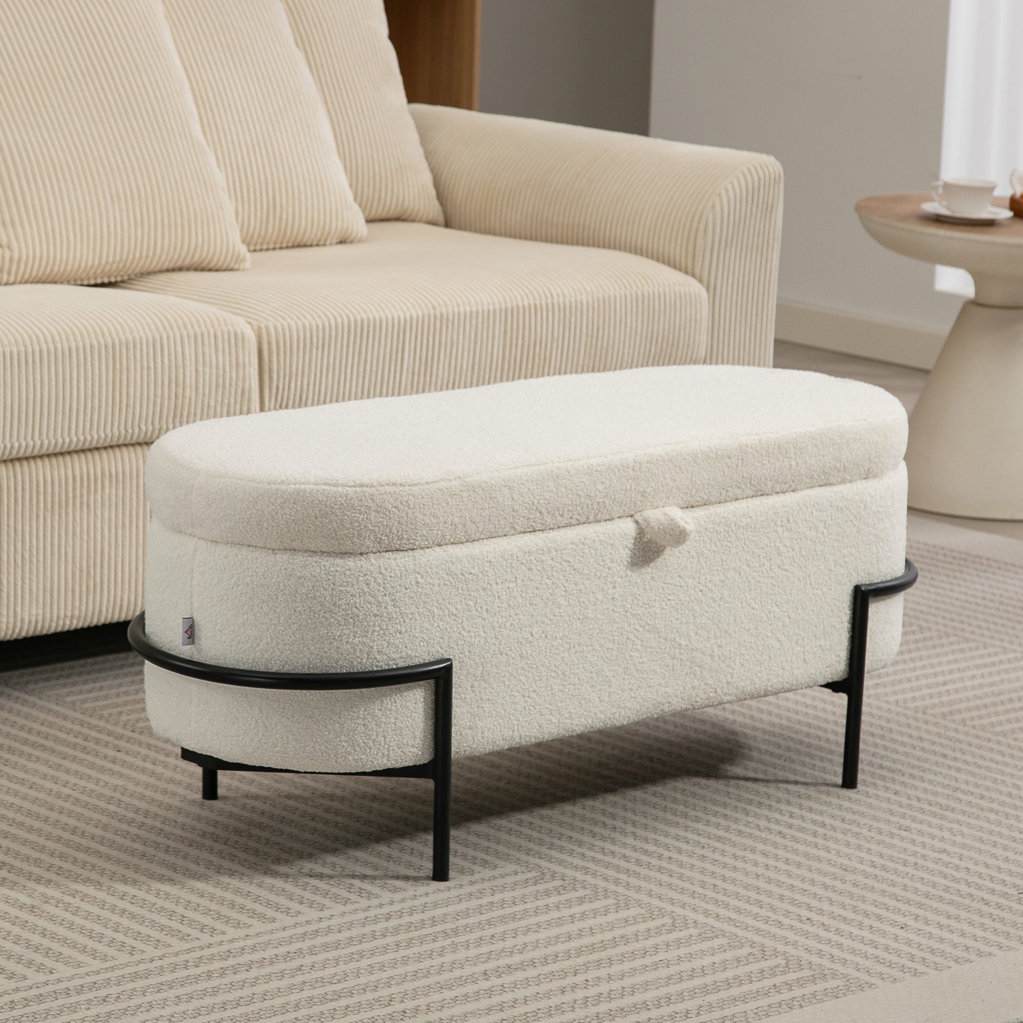Storage Ottoman Bench, Foot Rest with Lift-Up Lid and Steel Legs, End of Bed Bench, 45 Inches Sherpa Fleece Storage Chest for Living Room, Bedroom, Entryway, Cream White