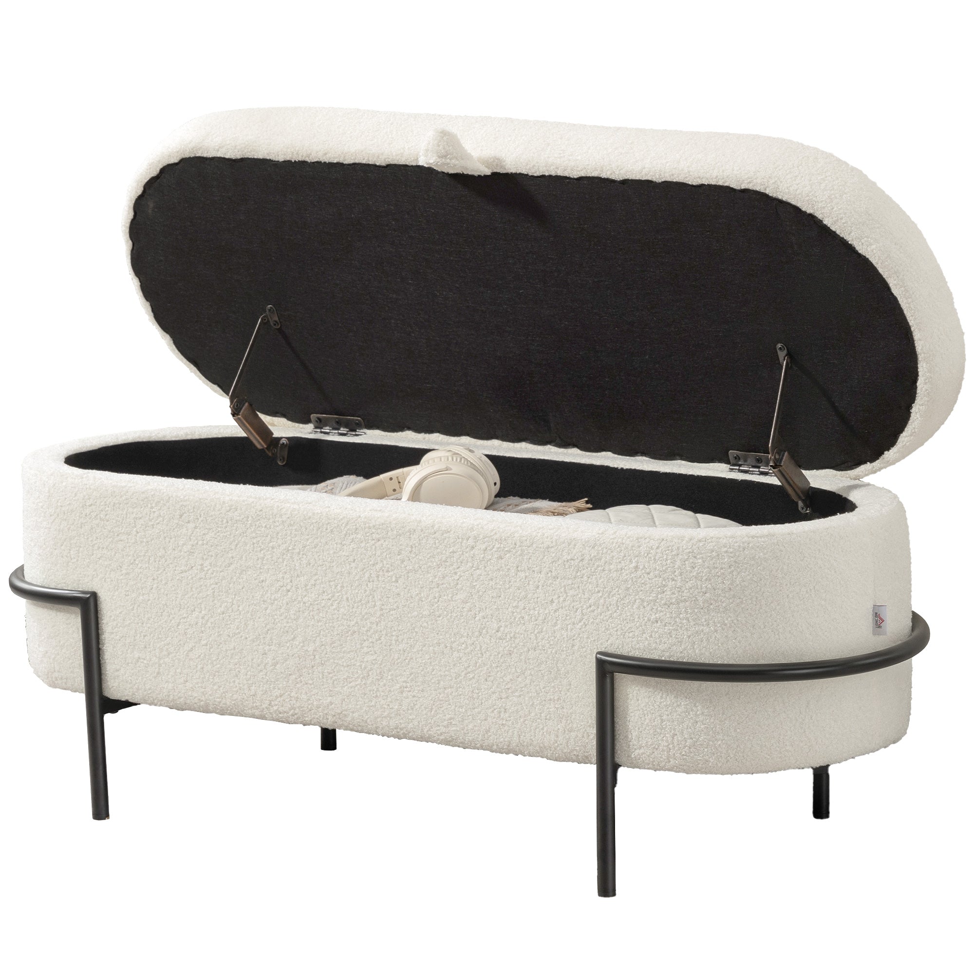 Storage Ottoman Bench, Foot Rest with Lift-Up Lid and Steel Legs, End of Bed Bench, 45 Inches Sherpa Fleece Storage Chest for Living Room, Bedroom, Entryway, Cream White