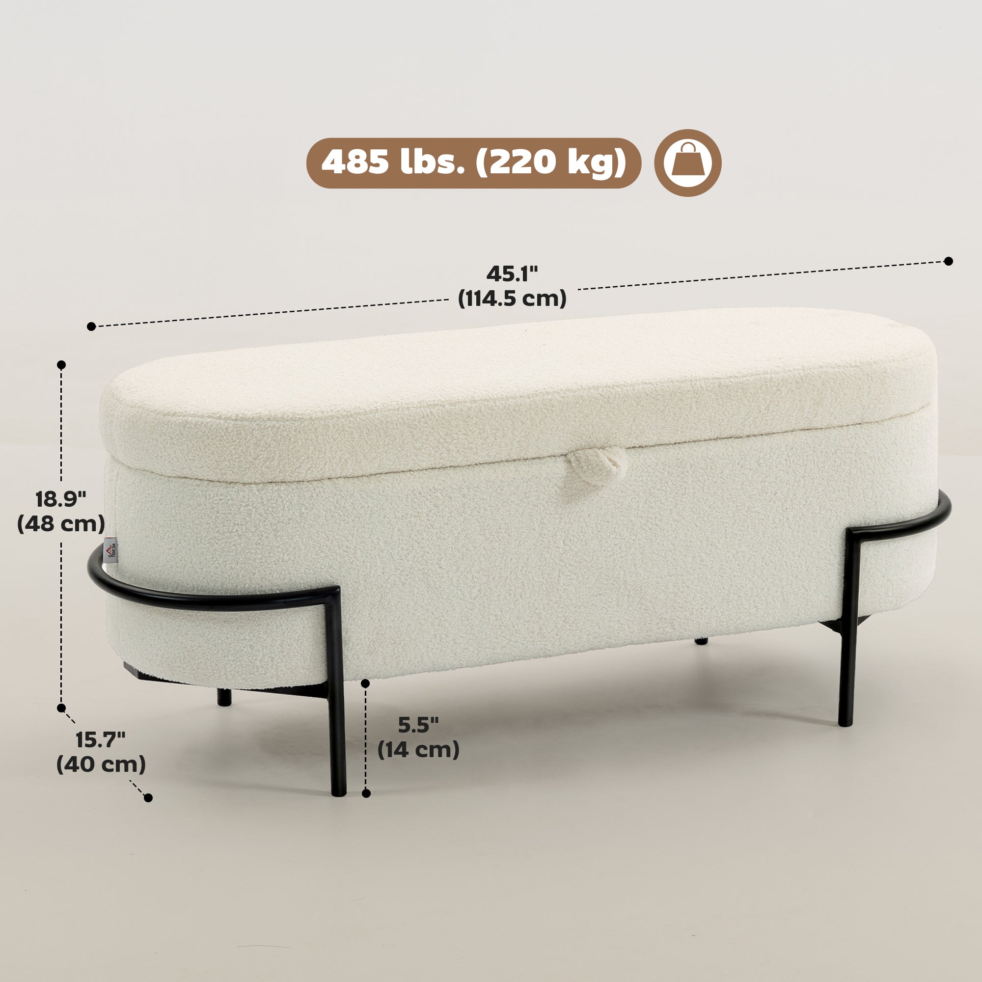 Storage Ottoman Bench, Foot Rest with Lift-Up Lid and Steel Legs, End of Bed Bench, 45 Inches Sherpa Fleece Storage Chest for Living Room, Bedroom, Entryway, Cream White